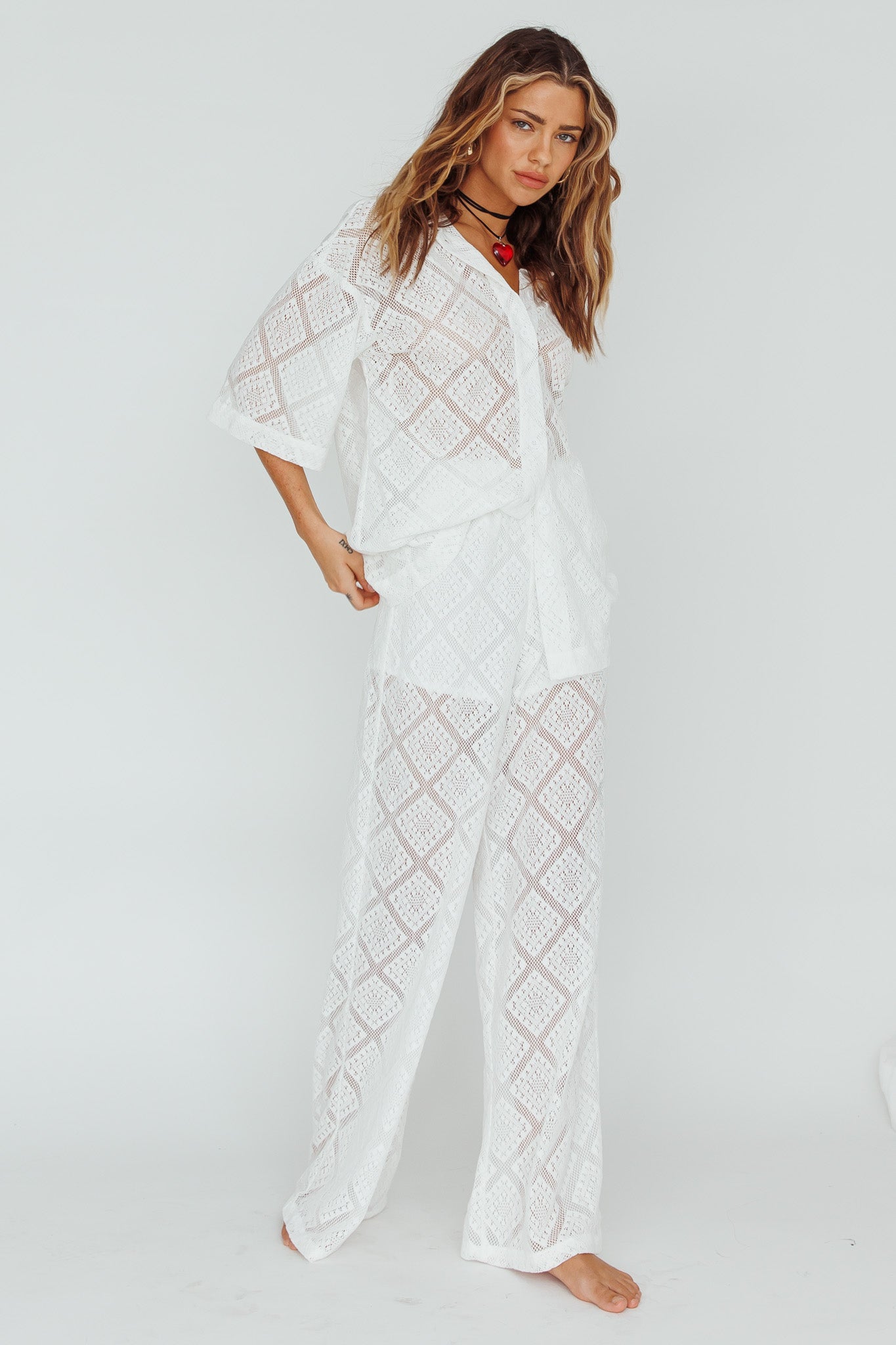 Abraya Lace Button-Up Shirt White by Selfie Leslie