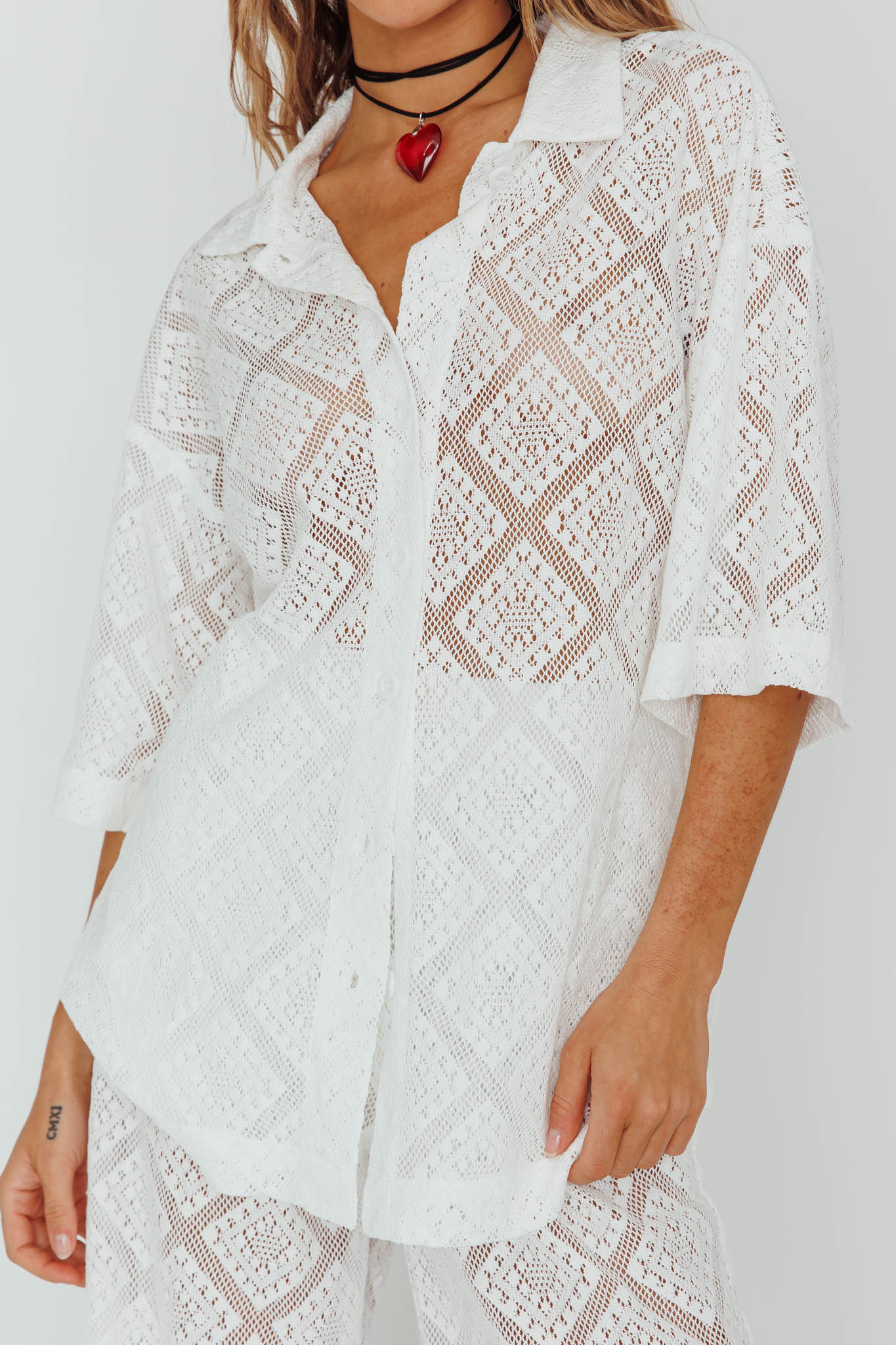 Abraya Lace Button-Up Shirt White by Selfie Leslie