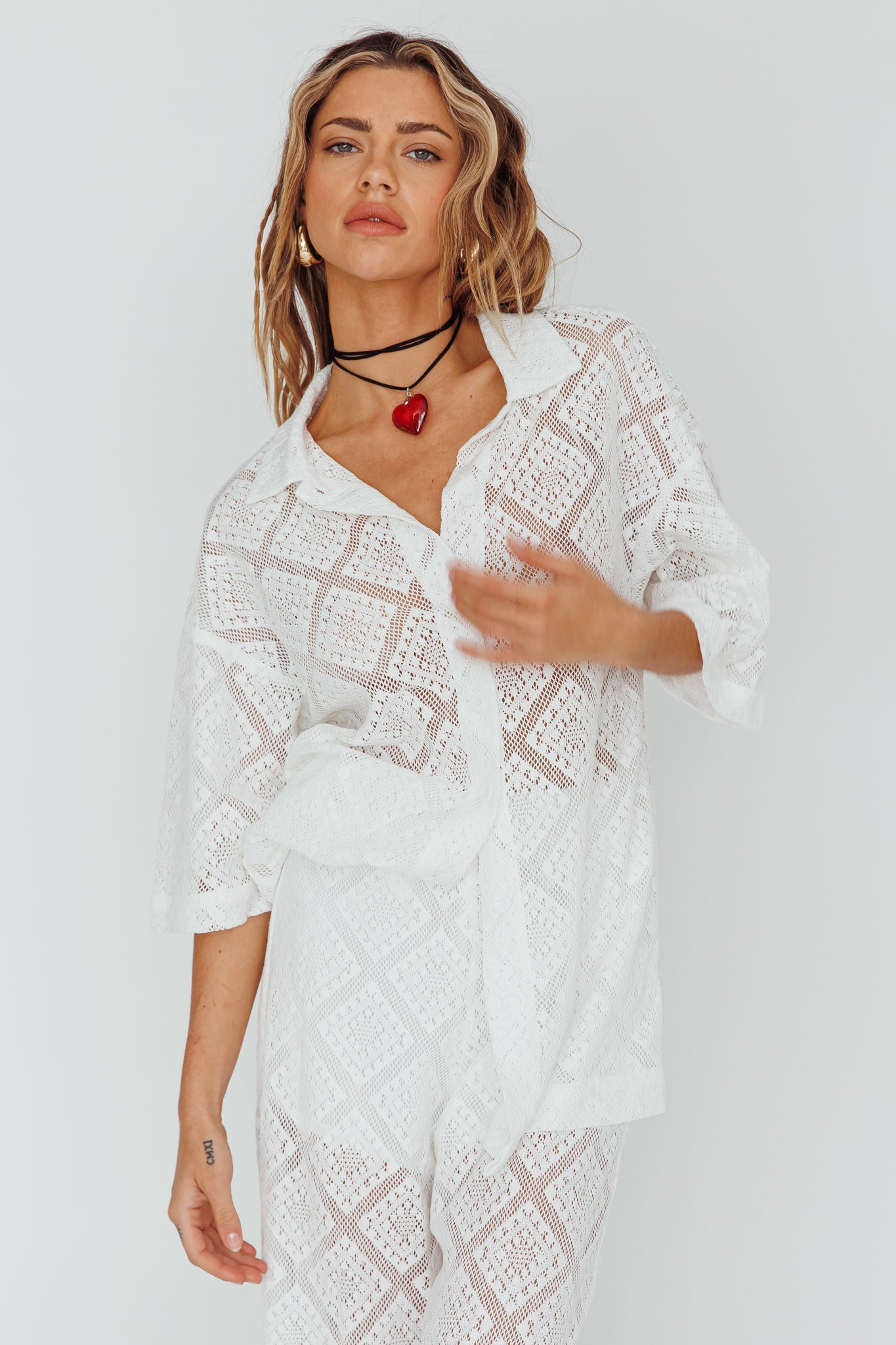 Abraya Lace Button-Up Shirt White by Selfie Leslie