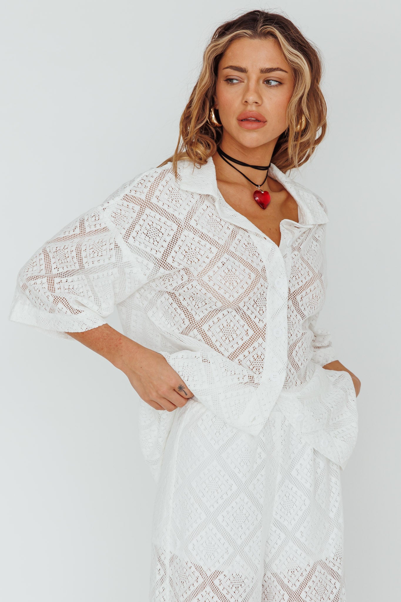 Abraya Lace Button-Up Shirt White by Selfie Leslie