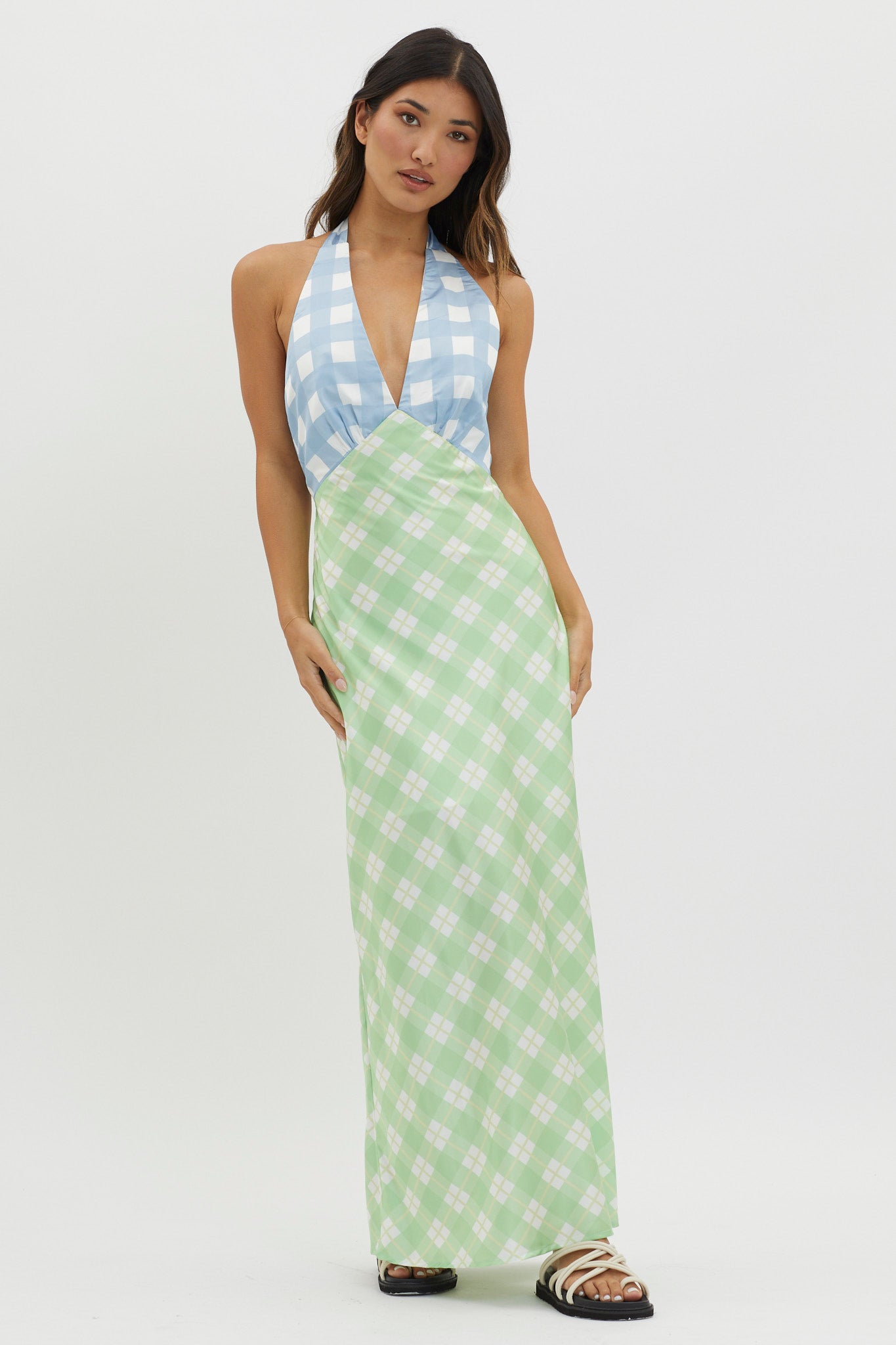 Lavara Halterneck Maxi Dress Checker Green by Selfie Leslie