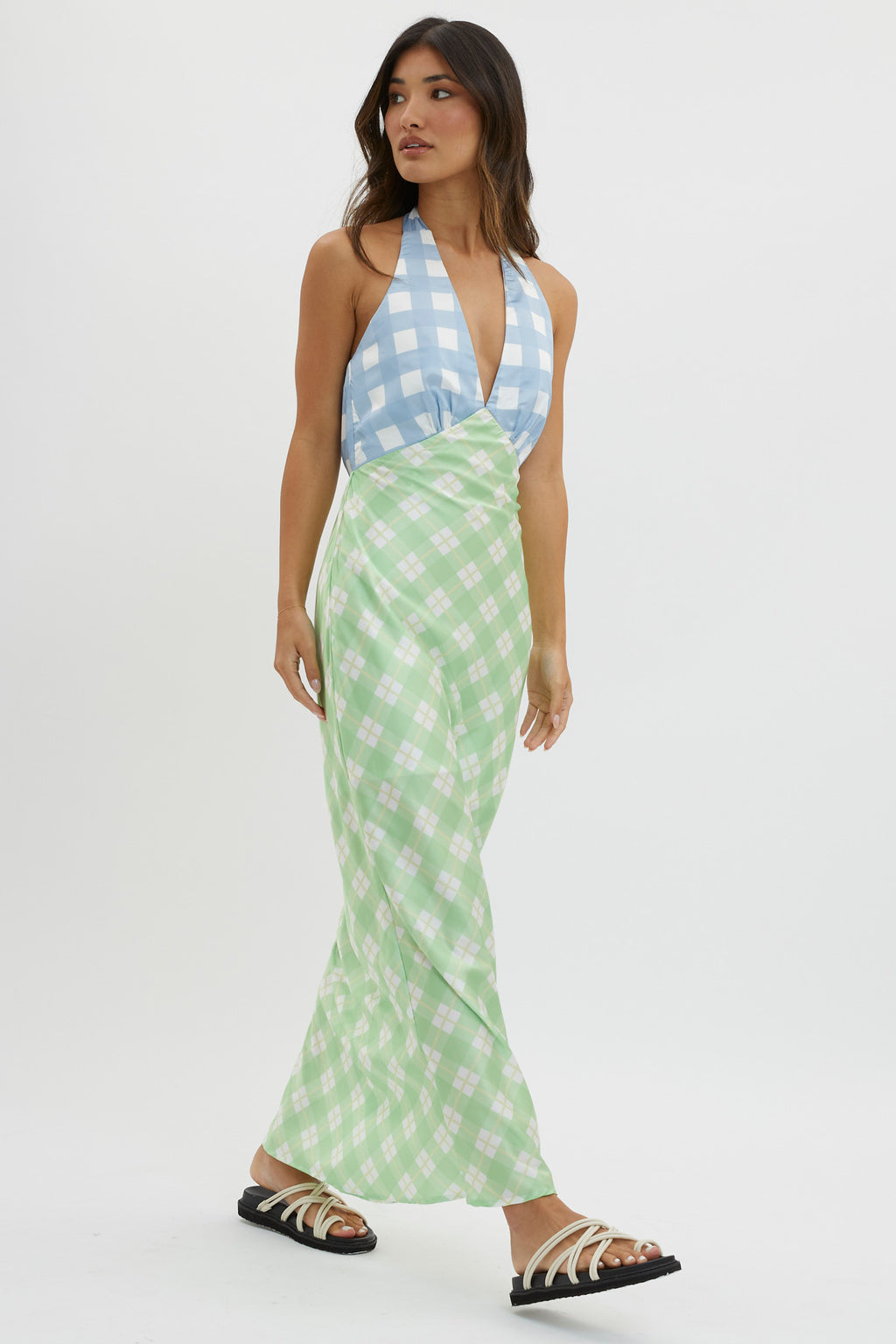Lavara Halterneck Maxi Dress Checker Green by Selfie Leslie