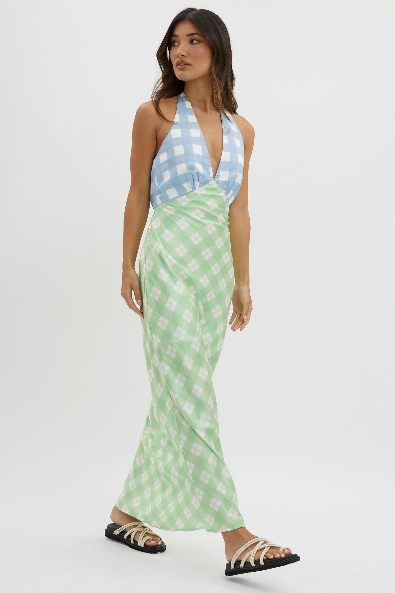 Lavara Halterneck Maxi Dress Checker Green by Selfie Leslie