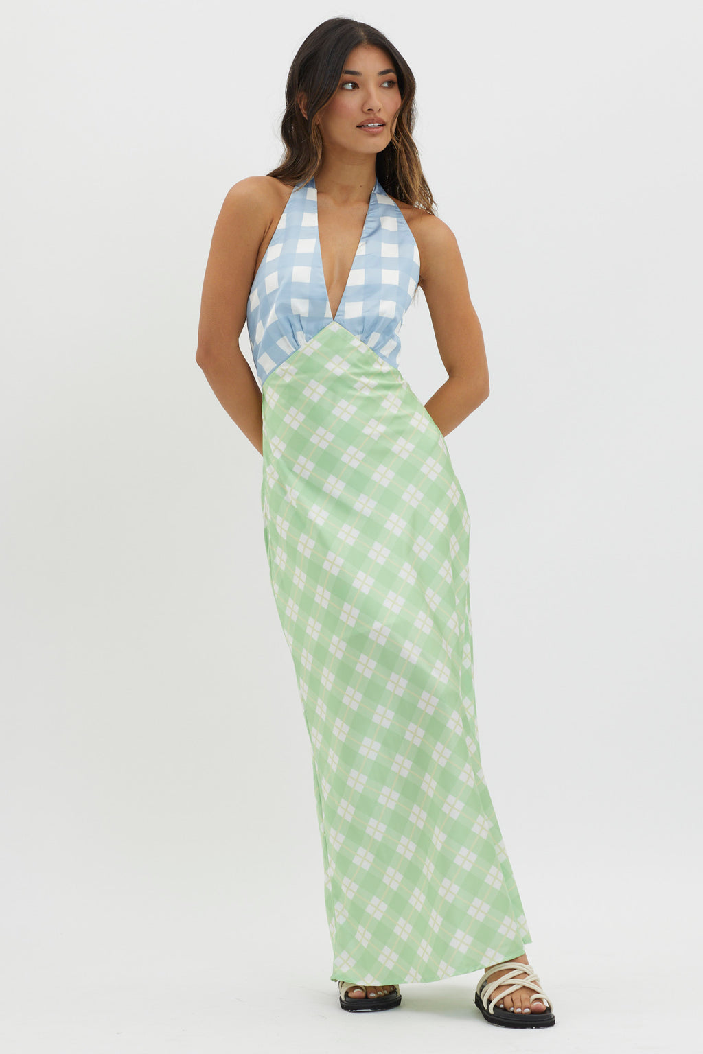 Lavara Halterneck Maxi Dress Checker Green by Selfie Leslie