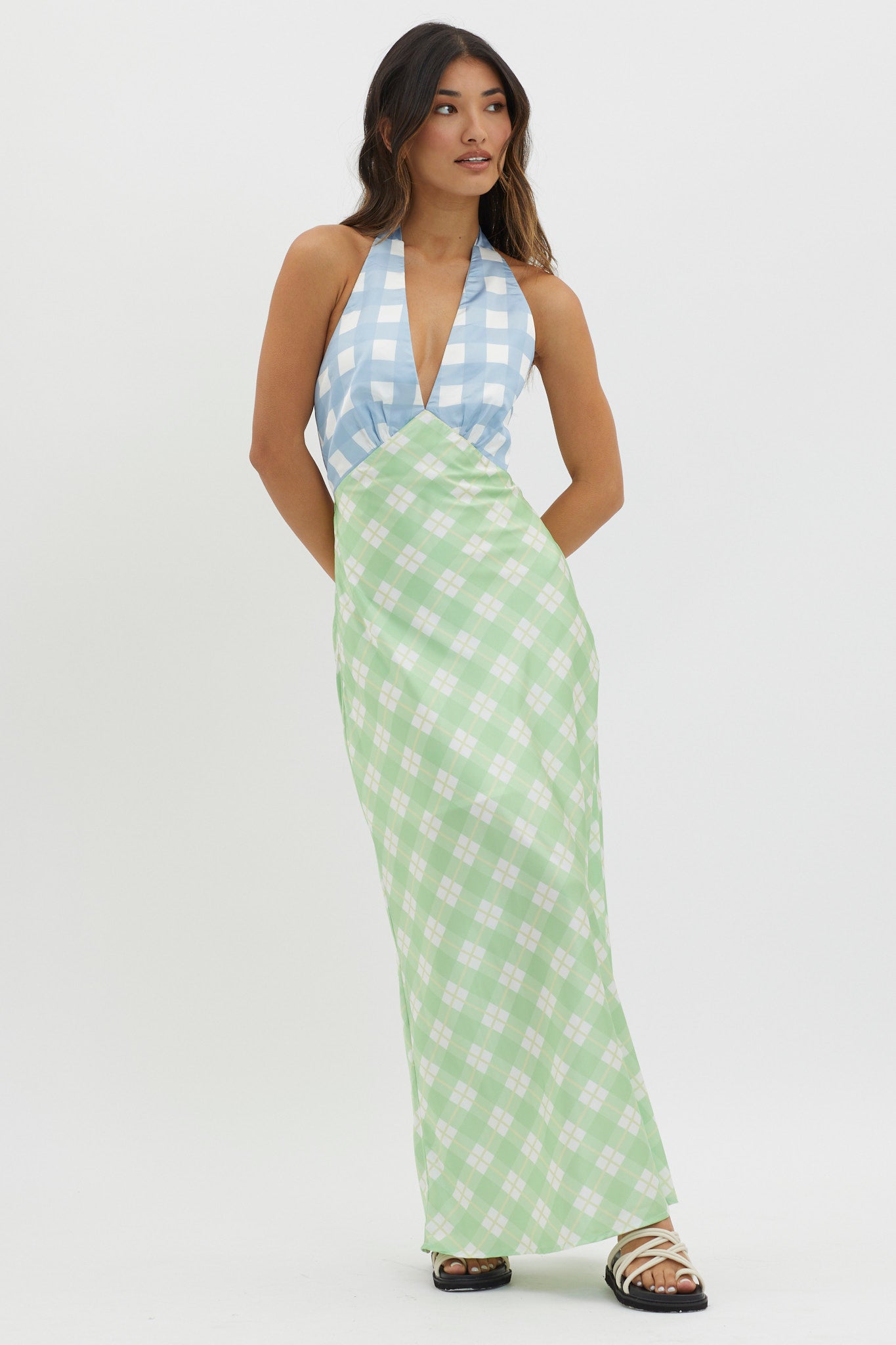 Lavara Halterneck Maxi Dress Checker Green by Selfie Leslie
