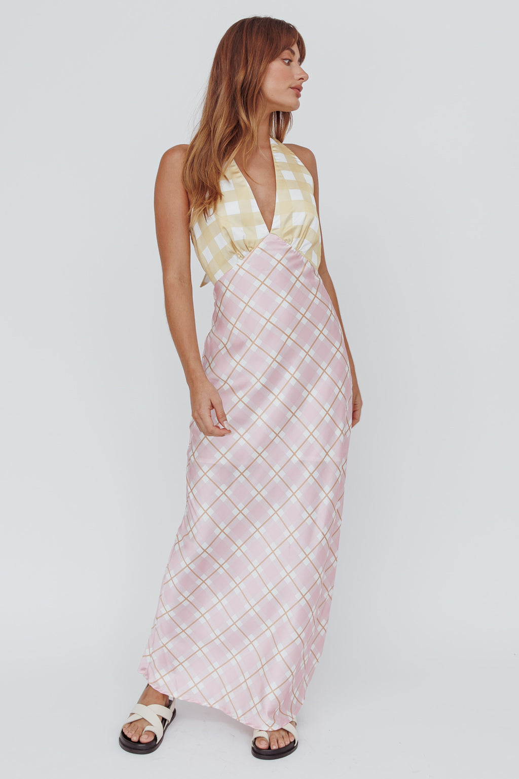 Lavara Halterneck Maxi Dress Checker Pink by Selfie Leslie