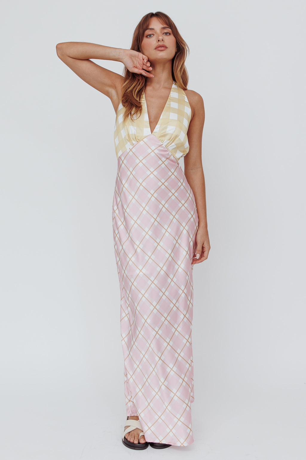 Lavara Halterneck Maxi Dress Checker Pink by Selfie Leslie