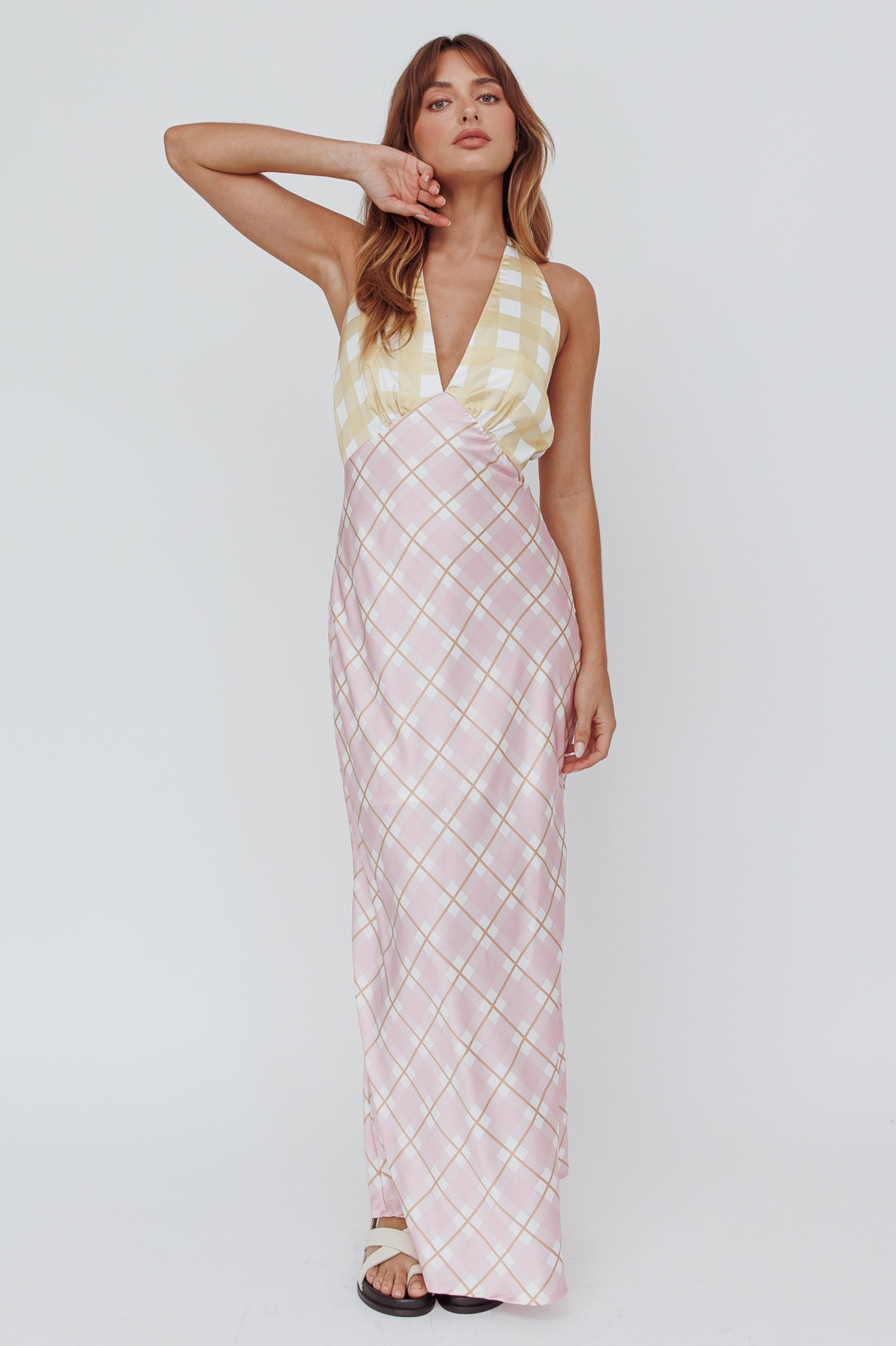 Lavara Halterneck Maxi Dress Checker Pink by Selfie Leslie