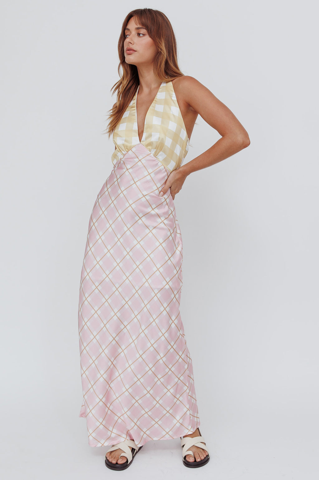 Lavara Halterneck Maxi Dress Checker Pink by Selfie Leslie