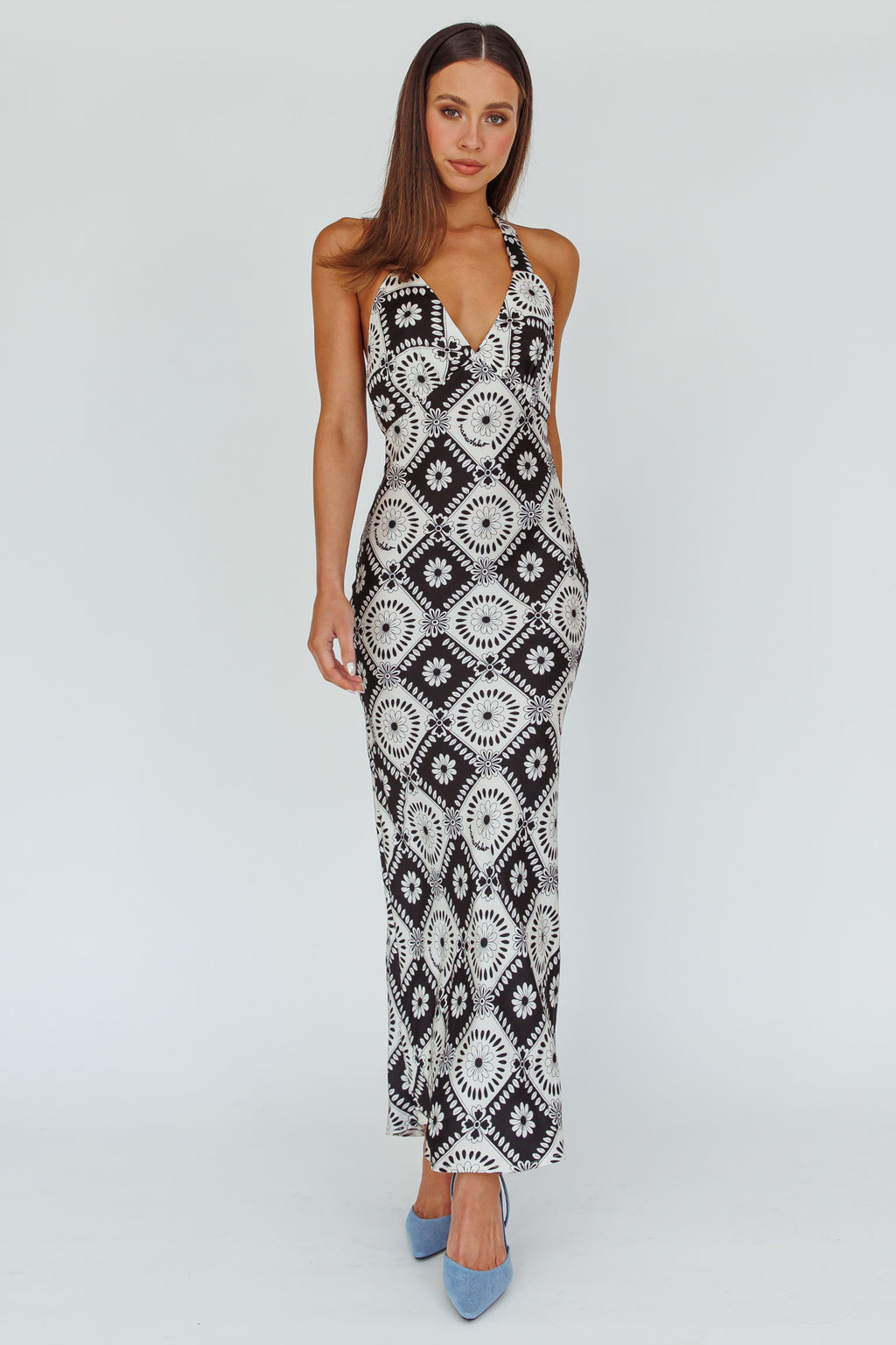 Lavara Halterneck Midi Dress Floral Black by Selfie Leslie