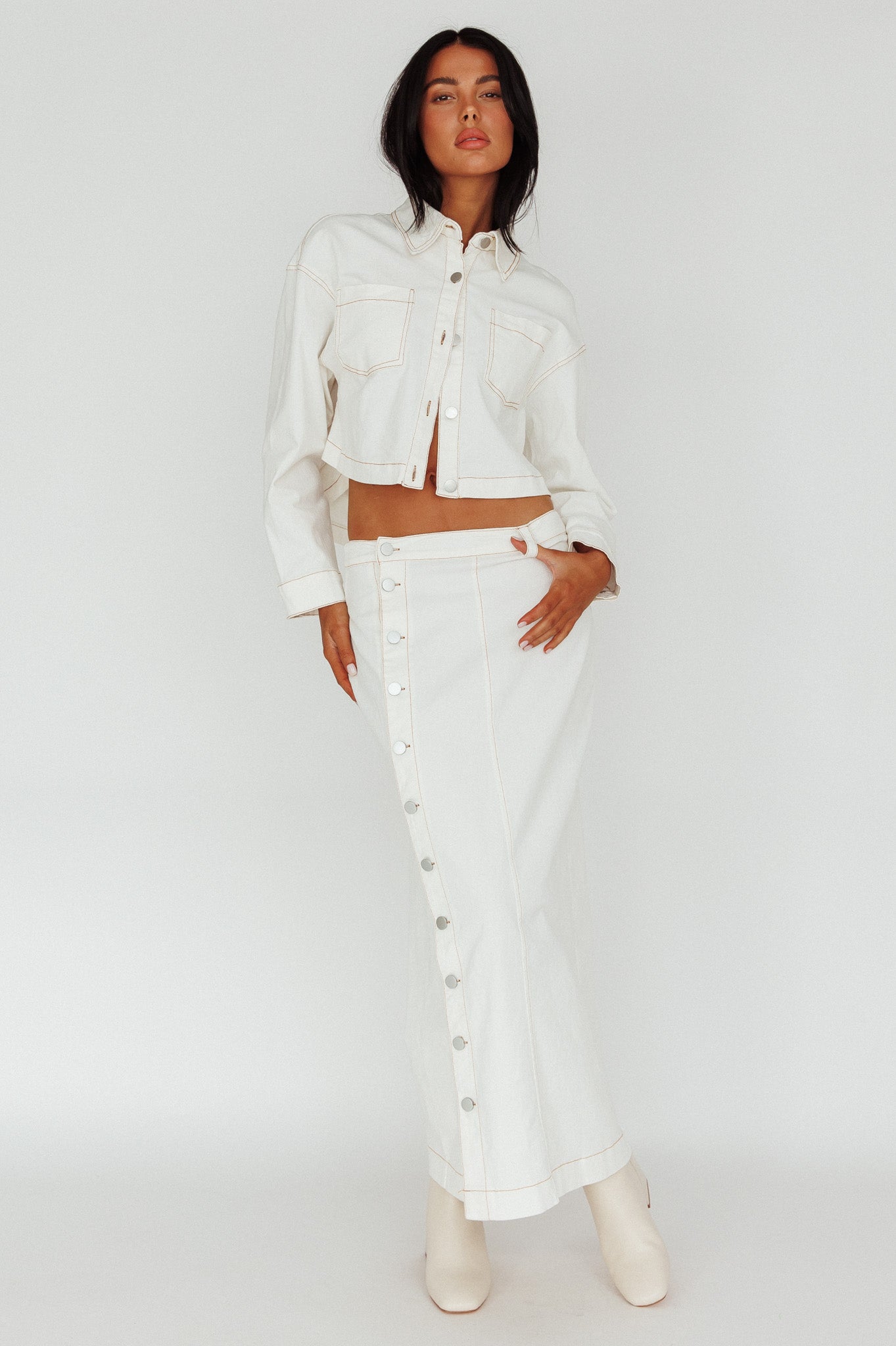 Angelica Side Button-Up Midi Skirt White by Selfie Leslie