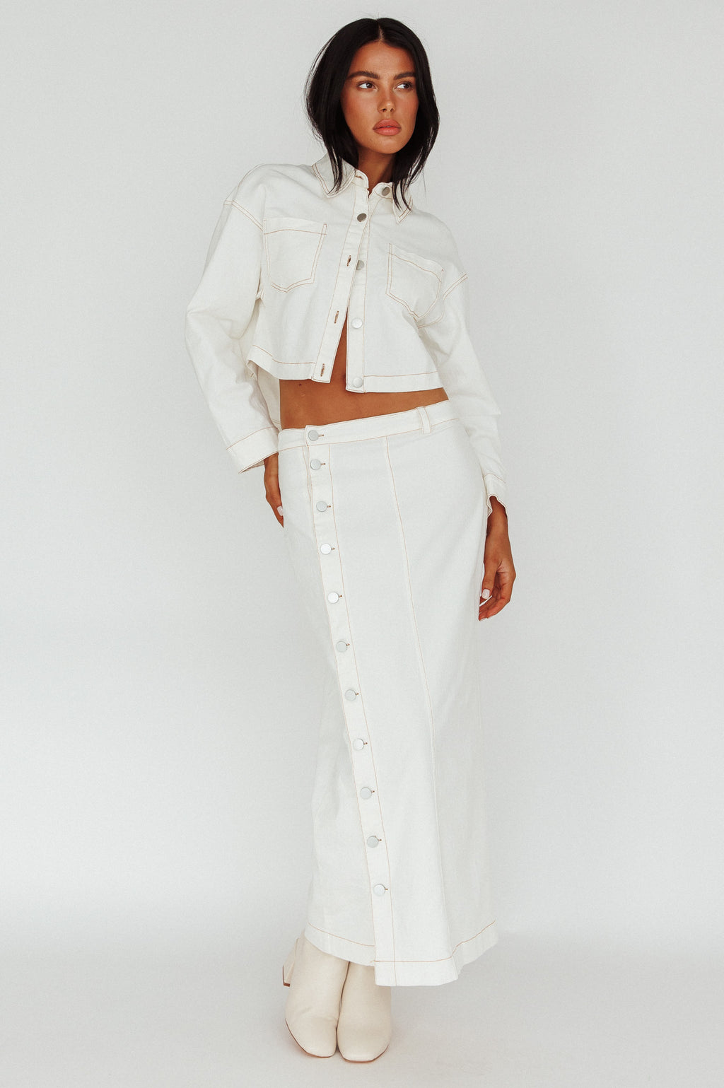 Angelica Side Button-Up Midi Skirt White by Selfie Leslie