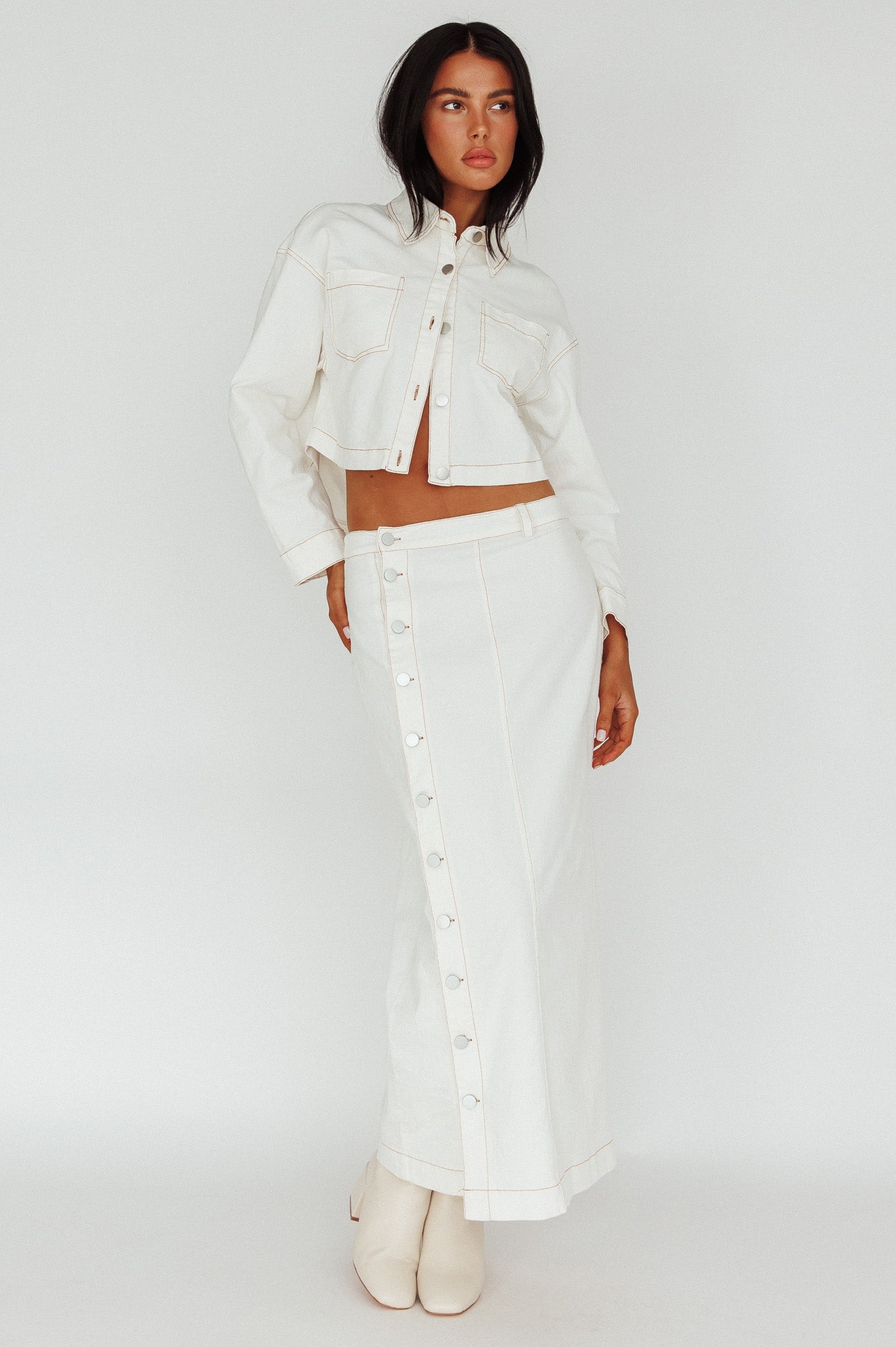 Angelica Side Button-Up Midi Skirt White by Selfie Leslie