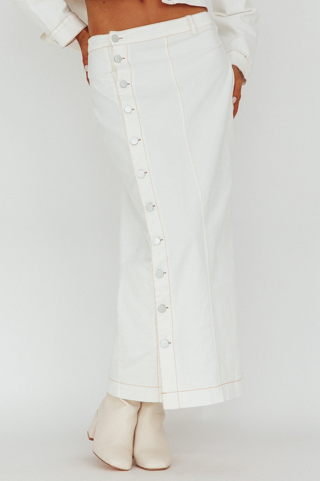 Angelica Side Button-Up Midi Skirt White by Selfie Leslie