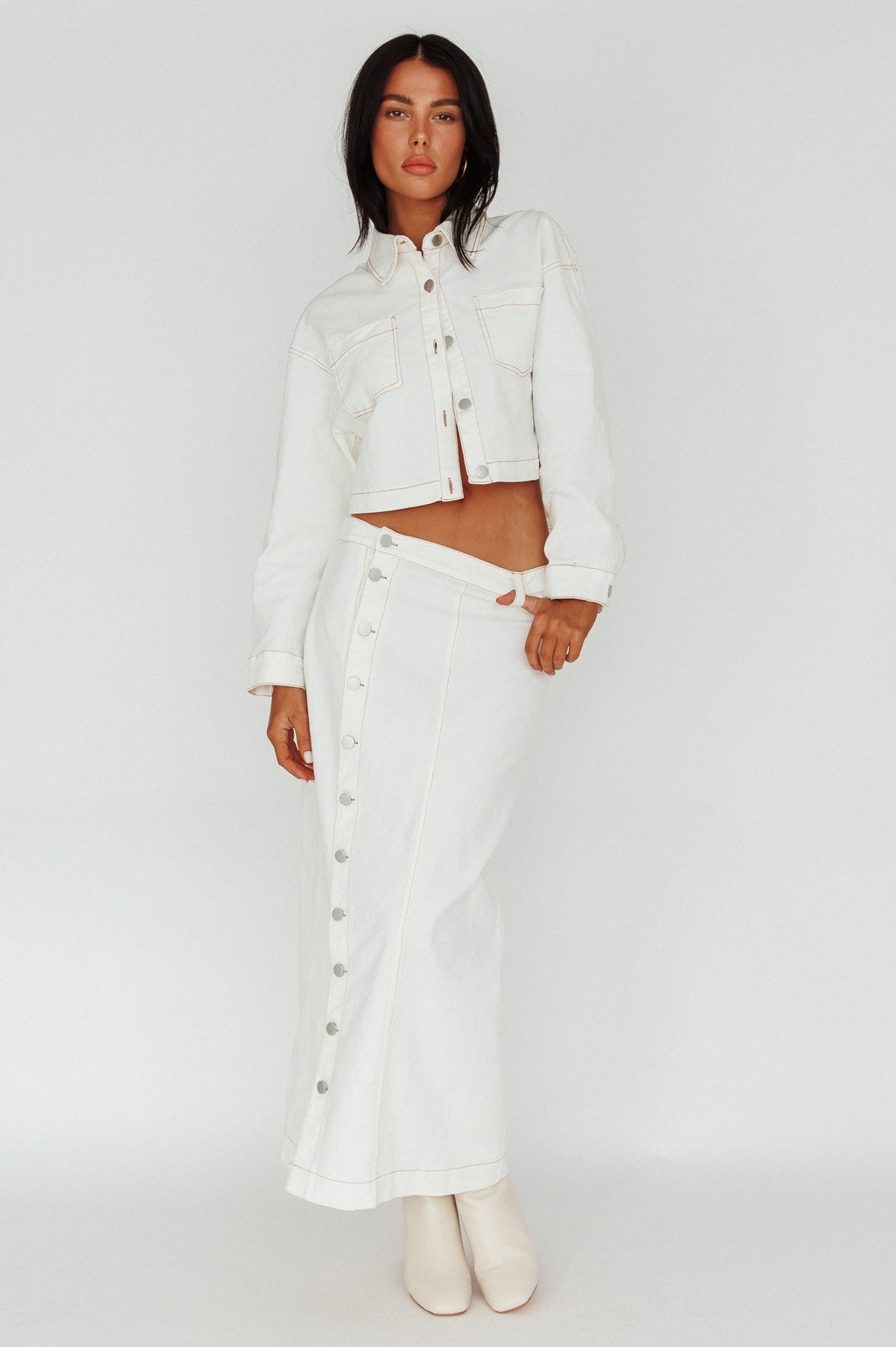 Angelica Side Button-Up Midi Skirt White by Selfie Leslie