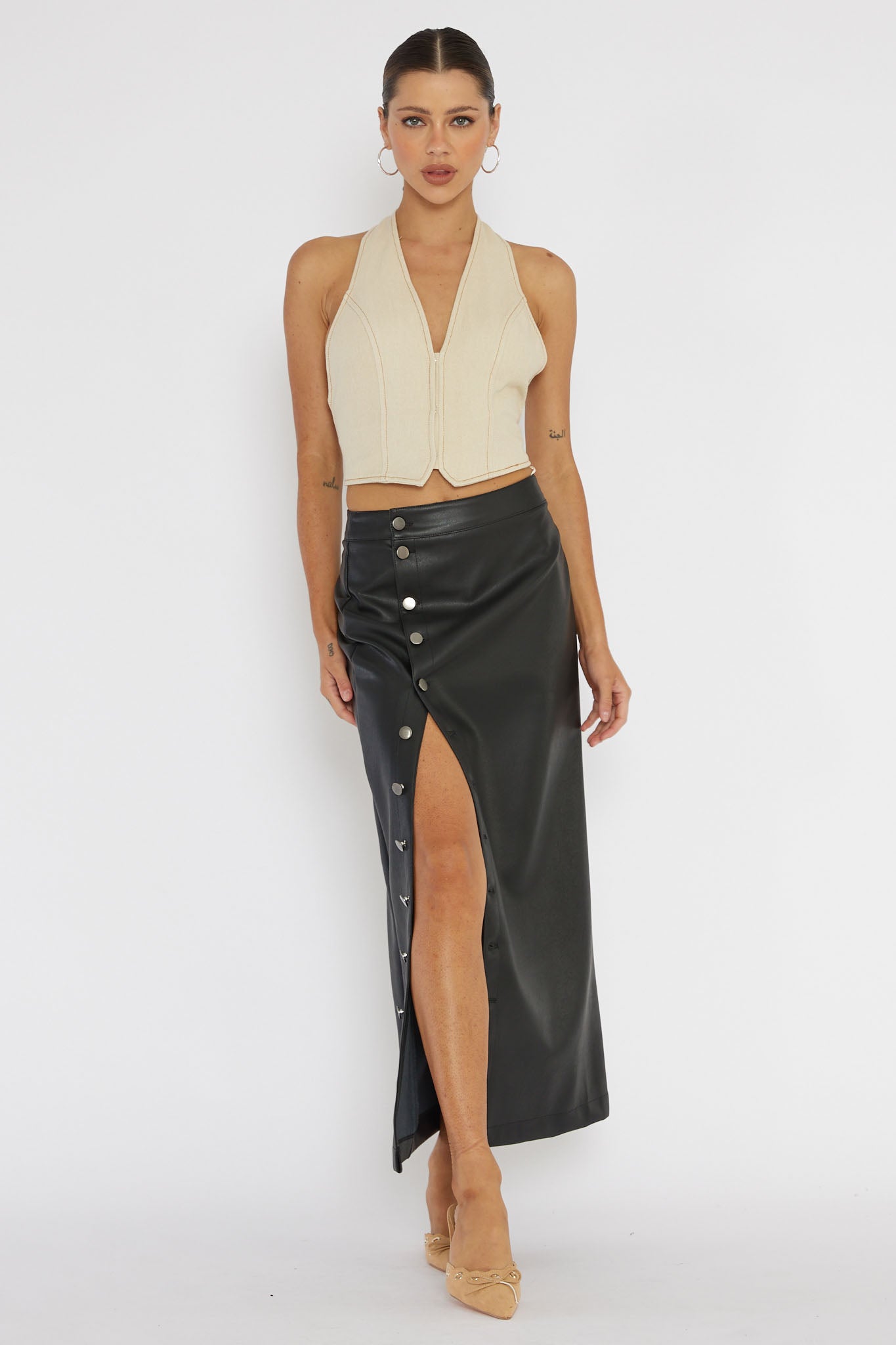 Angelica Button-Up Faux Leather Midi Skirt Black– Selfie Leslie
