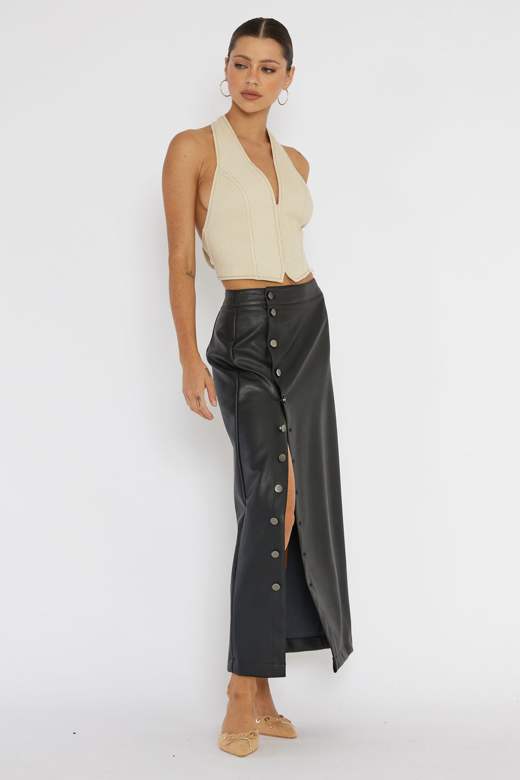 Angelica Button-Up Faux Leather Midi Skirt Black by Selfie Leslie