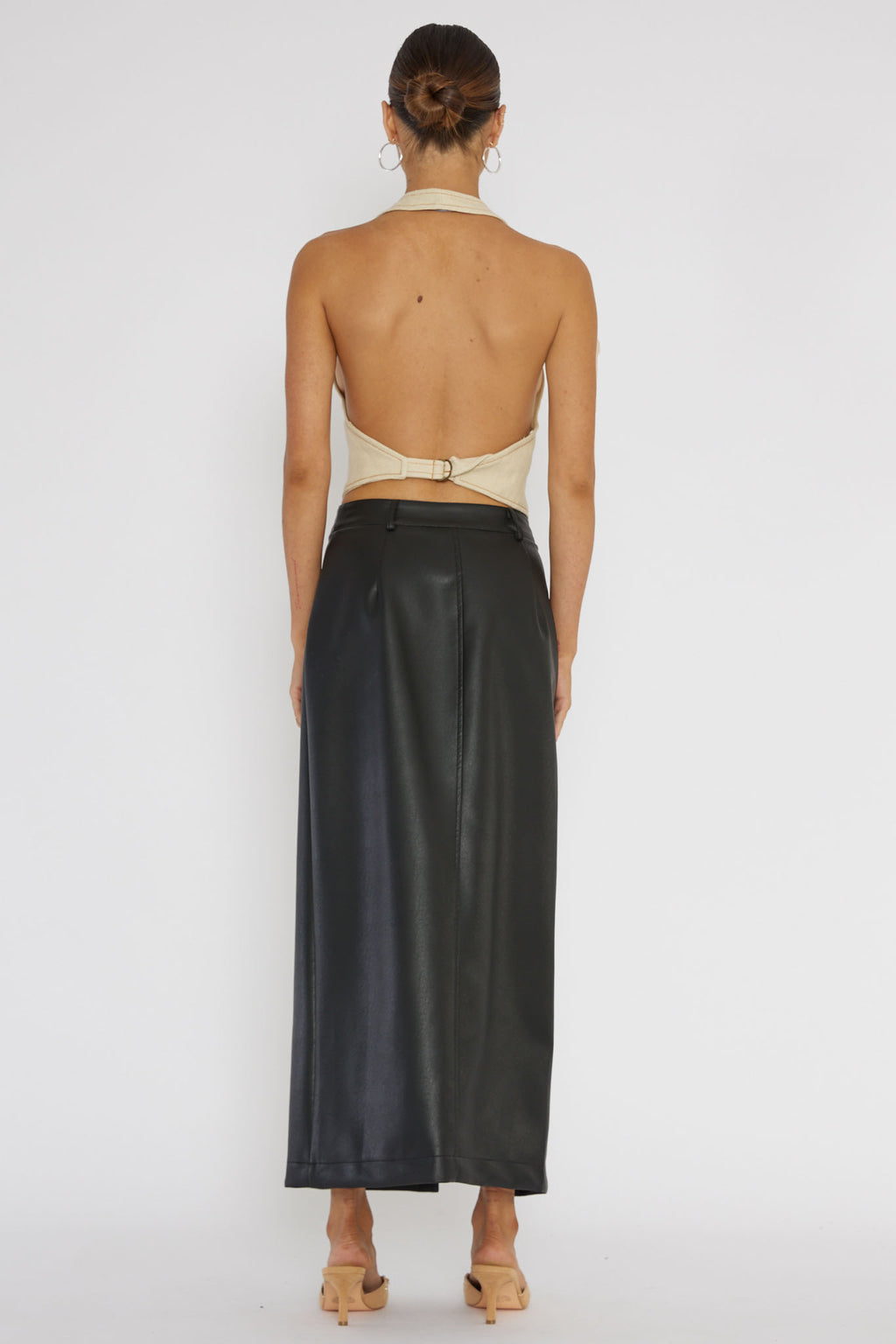 Angelica Button-Up Faux Leather Midi Skirt Black by Selfie Leslie