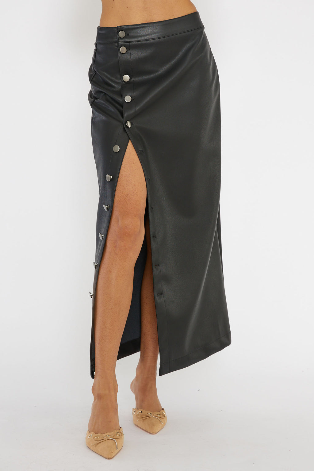 Angelica Button-Up Faux Leather Midi Skirt Black by Selfie Leslie