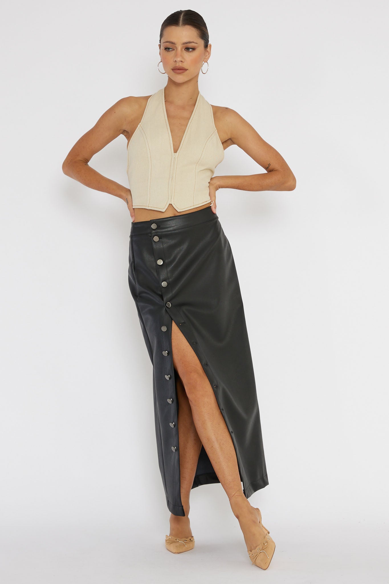Angelica Button-Up Faux Leather Midi Skirt Black by Selfie Leslie