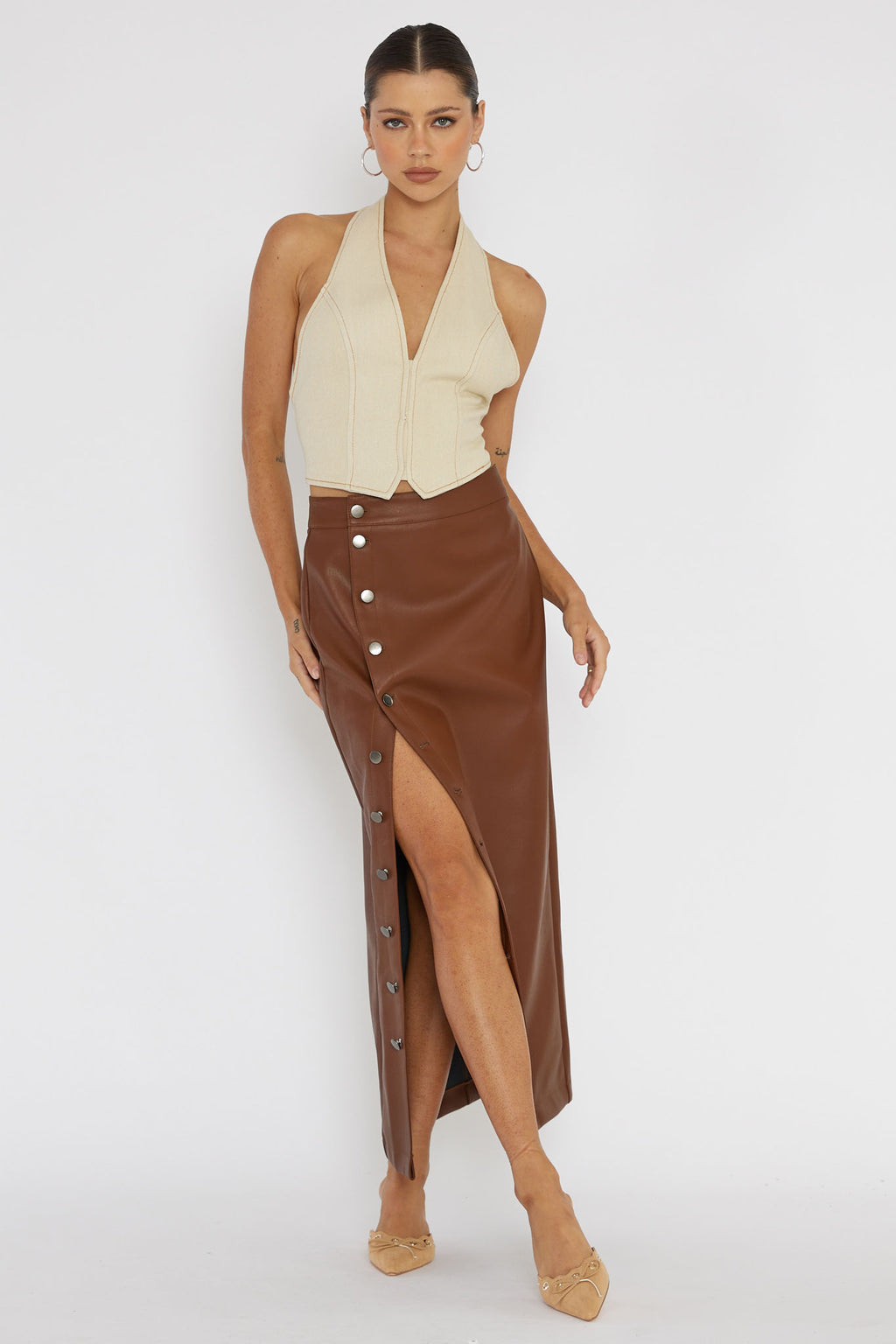 Angelica Button-Up Faux Leather Midi Skirt Brown by Selfie Leslie