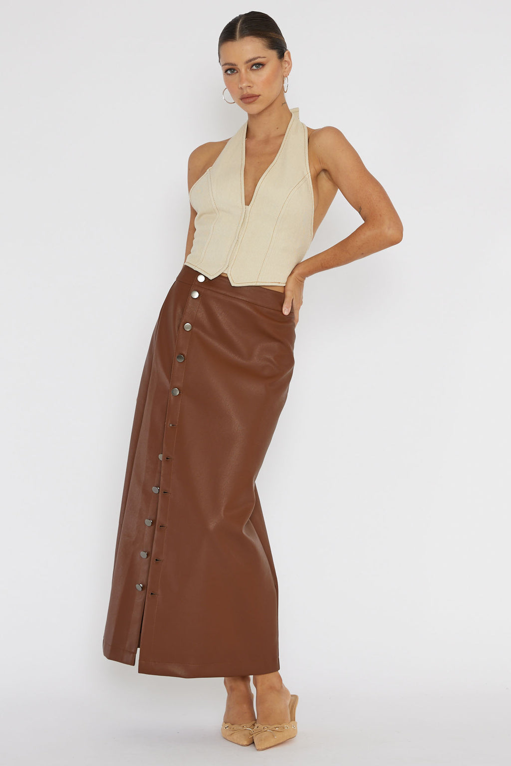 Angelica Button-Up Faux Leather Midi Skirt Brown by Selfie Leslie