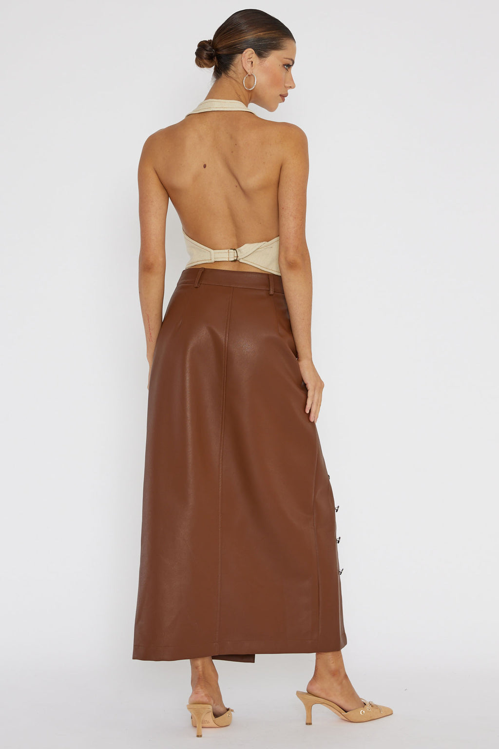 Angelica Button-Up Faux Leather Midi Skirt Brown by Selfie Leslie