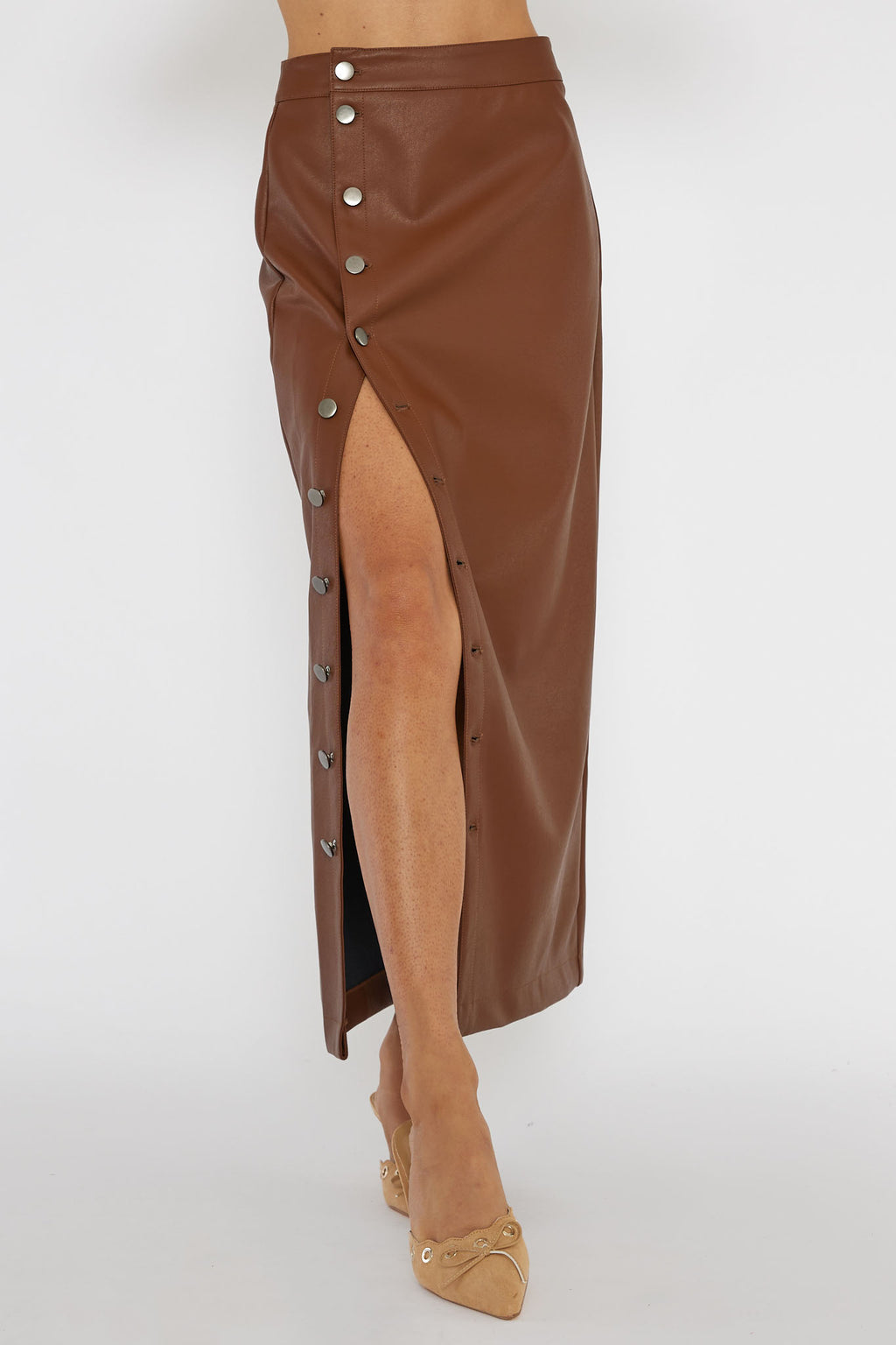 Angelica Button-Up Faux Leather Midi Skirt Brown by Selfie Leslie