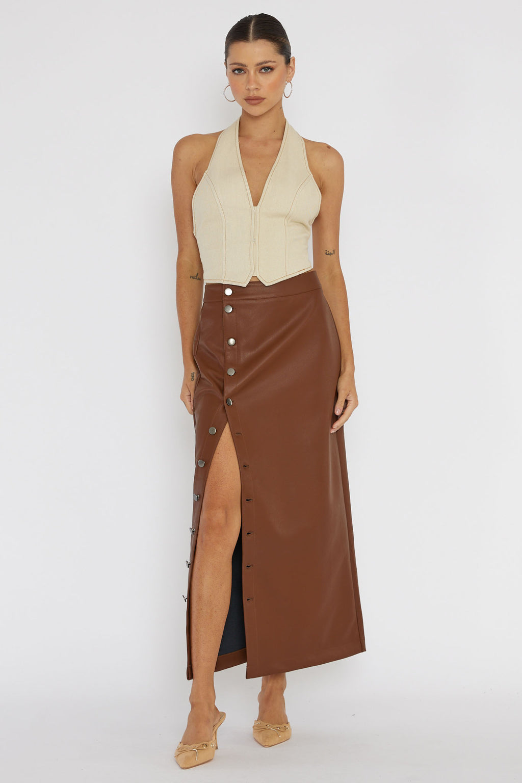 Angelica Button-Up Faux Leather Midi Skirt Brown by Selfie Leslie