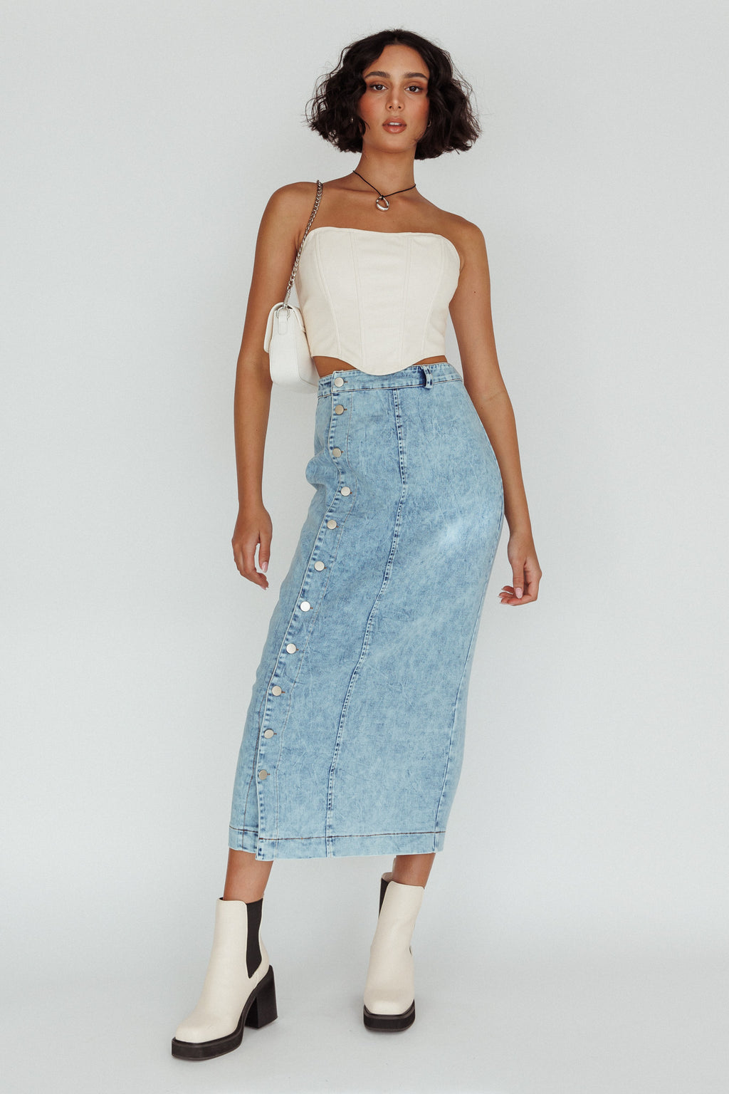 Angelica Side Button-Up Midi Skirt Denim by Selfie Leslie