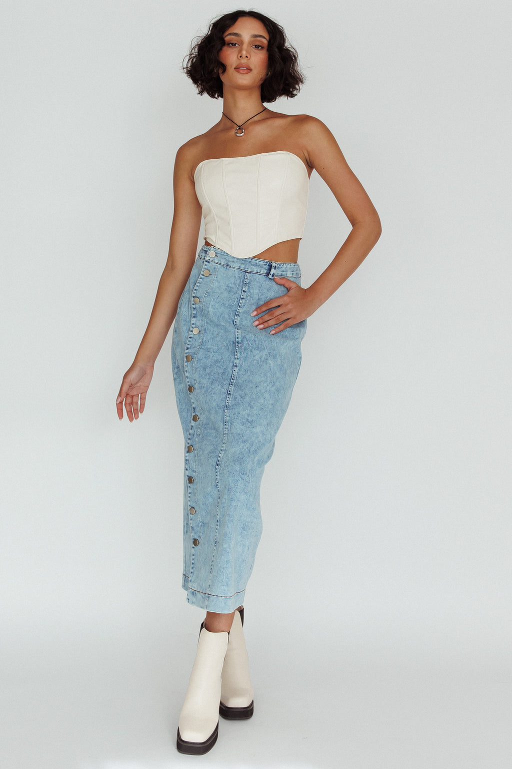 Angelica Side Button-Up Midi Skirt Denim by Selfie Leslie