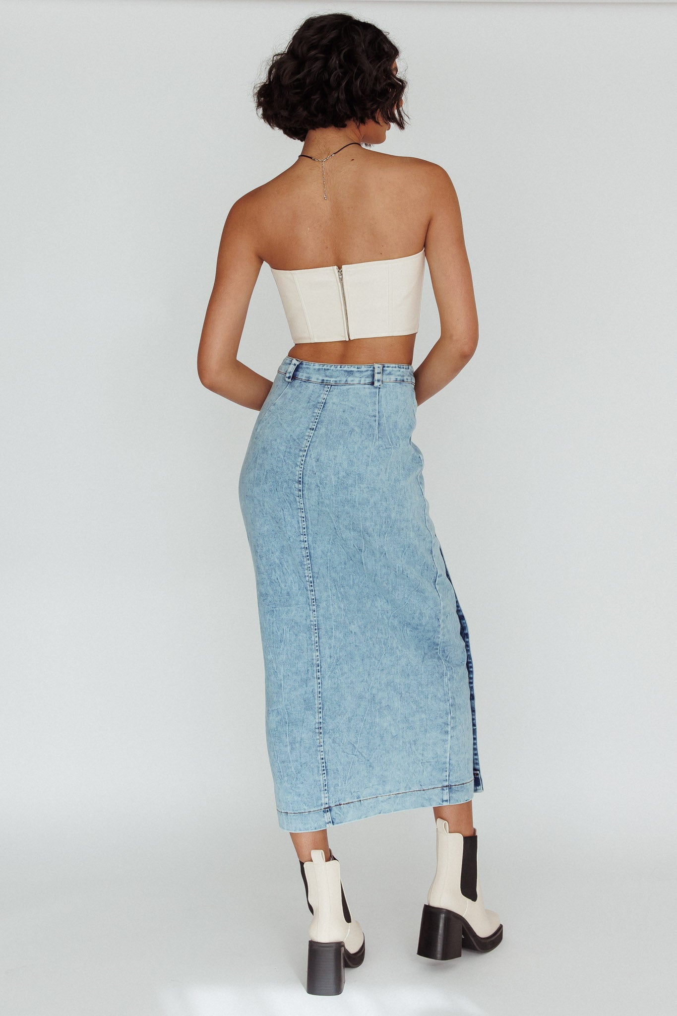 Angelica Side Button-Up Midi Skirt Denim by Selfie Leslie