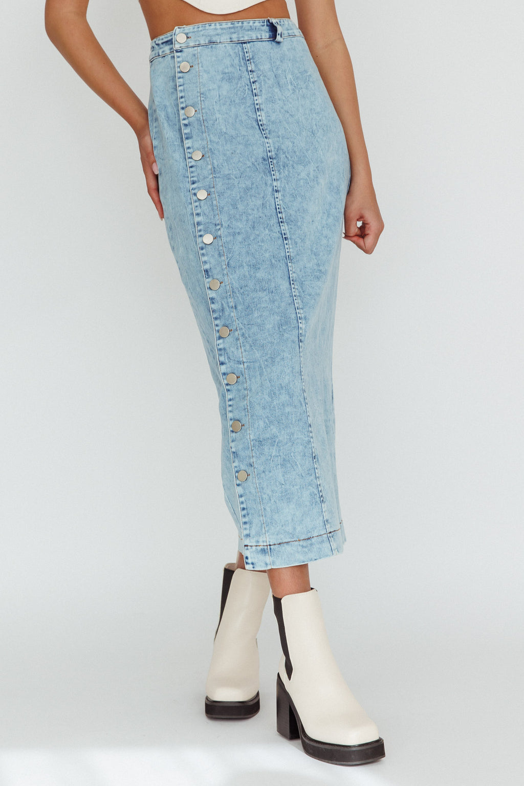 Angelica Side Button-Up Midi Skirt Denim by Selfie Leslie