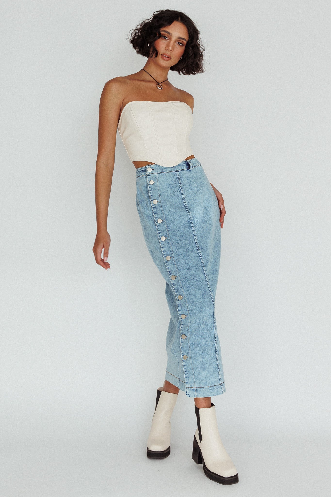 Angelica Side Button-Up Midi Skirt Denim by Selfie Leslie