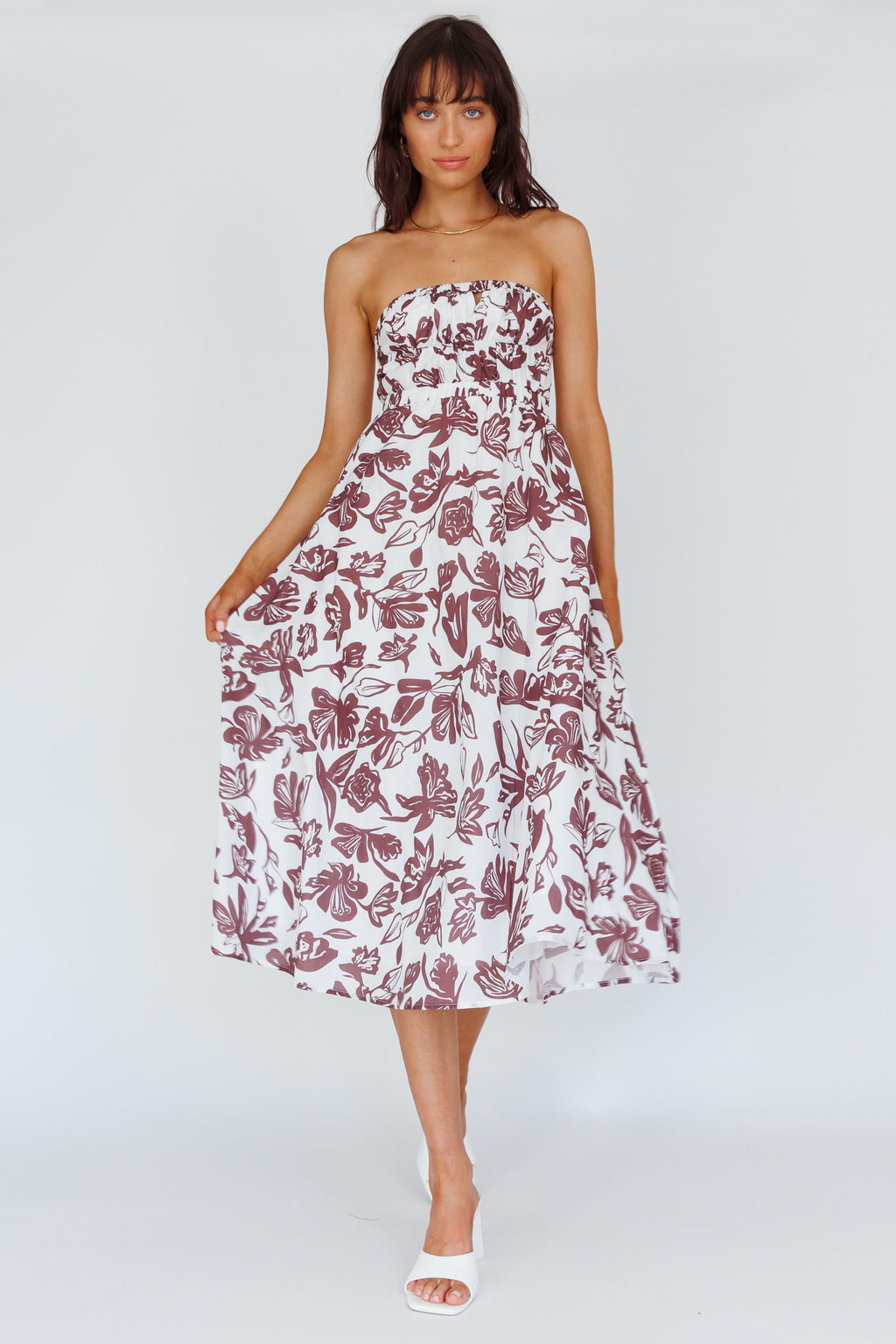 Caloundra Strapless Midi Dress Floral Walnut by Selfie Leslie