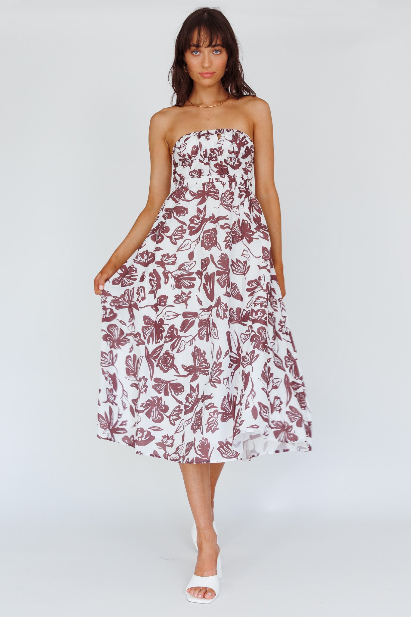 Caloundra Strapless Midi Dress Floral Walnut by Selfie Leslie