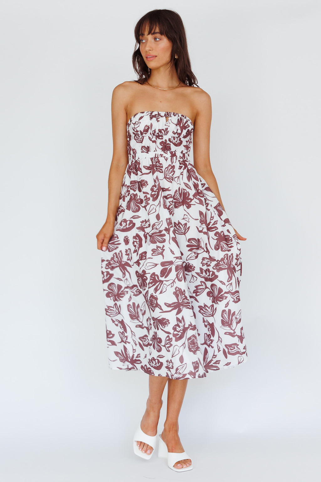 Caloundra Strapless Midi Dress Floral Walnut by Selfie Leslie