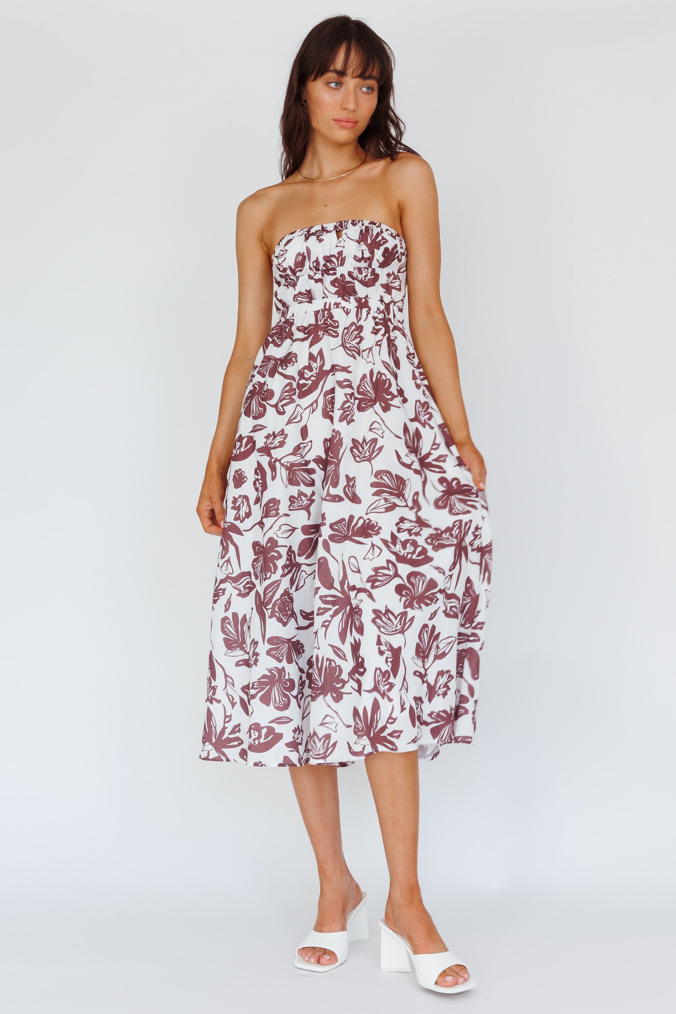 Caloundra Strapless Midi Dress Floral Walnut by Selfie Leslie