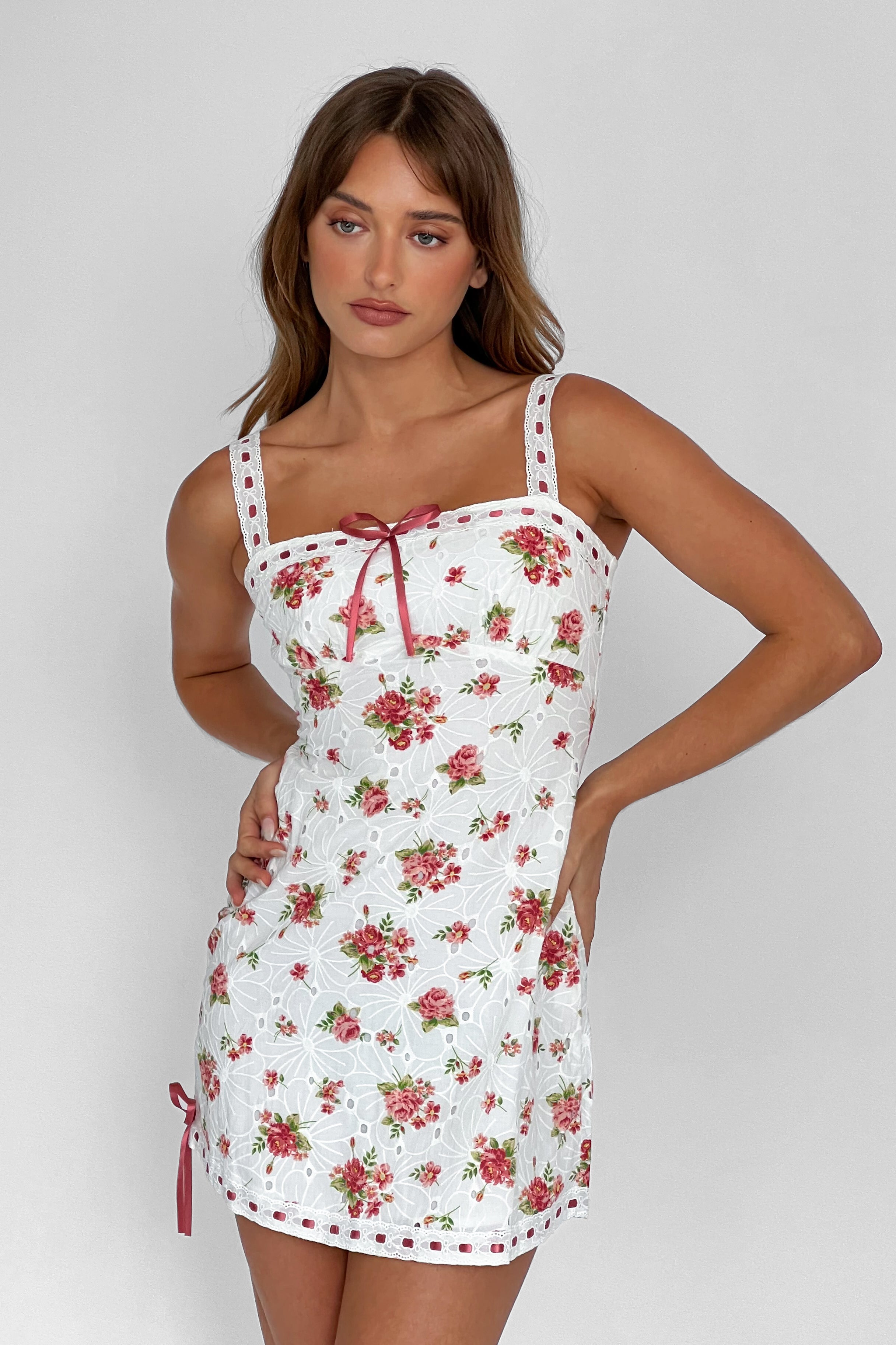 Sunbeam Eyelet Embroidery Bow Mini Dress Floral Pink Selfie Leslie