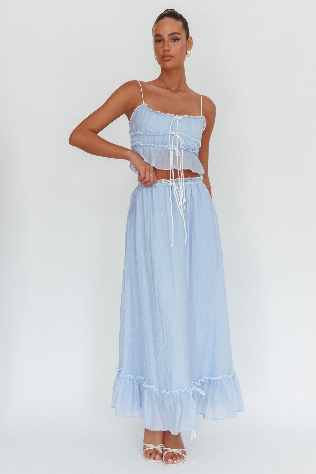 Maidens Tie Detail Overlock Maxi Skirt Cloud Blue by Selfie Leslie