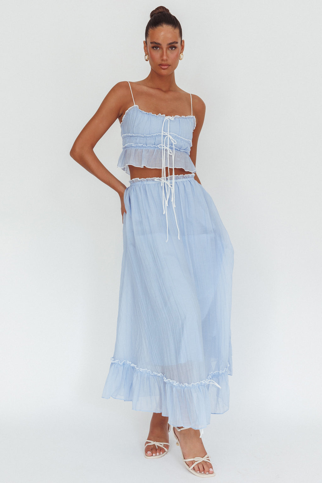 Maidens Tie Detail Overlock Maxi Skirt Cloud Blue by Selfie Leslie