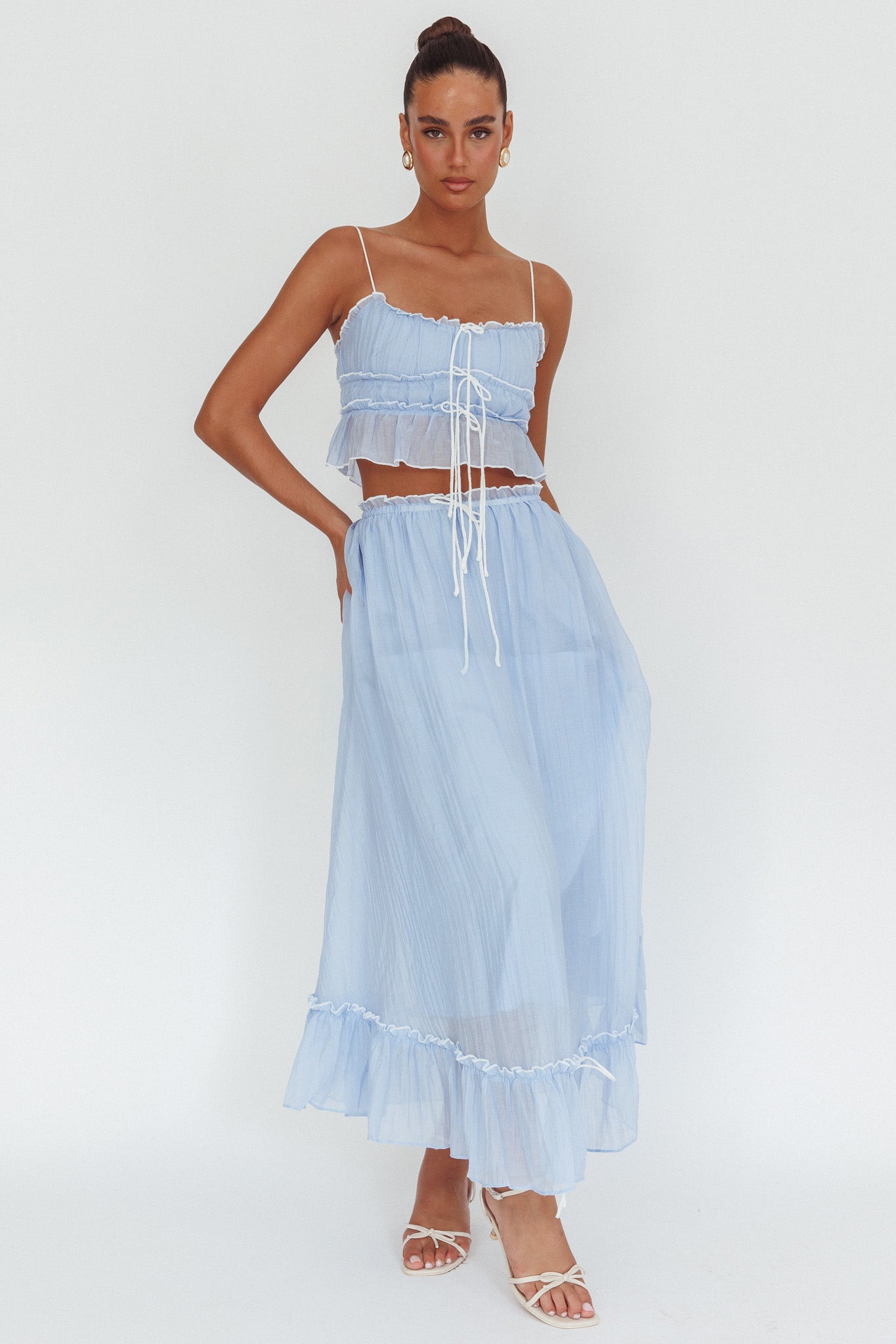 Maidens Tie Detail Overlock Maxi Skirt Cloud Blue by Selfie Leslie