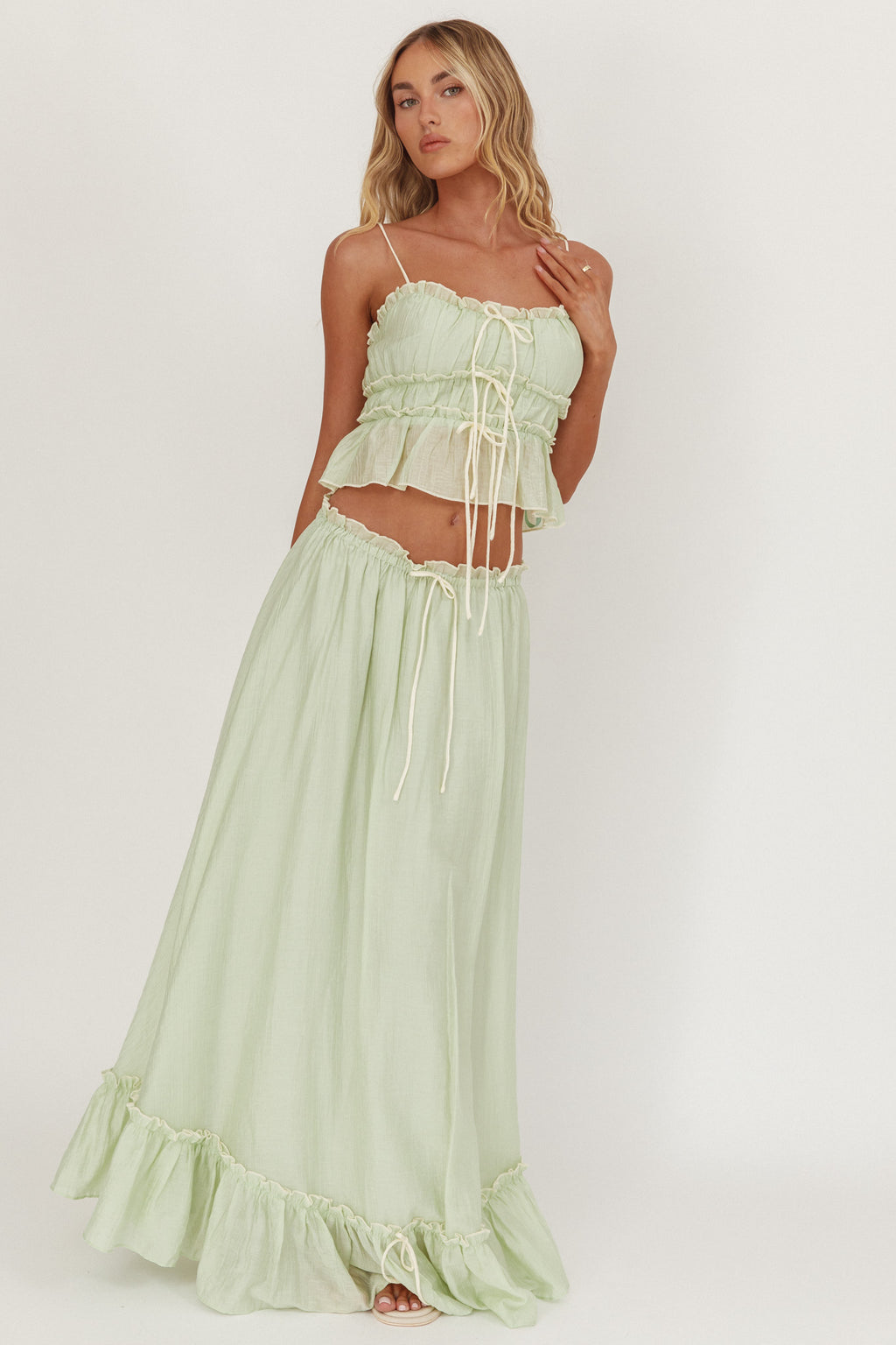 Maidens Tie Detail Overlock Maxi Skirt Sage by Selfie Leslie