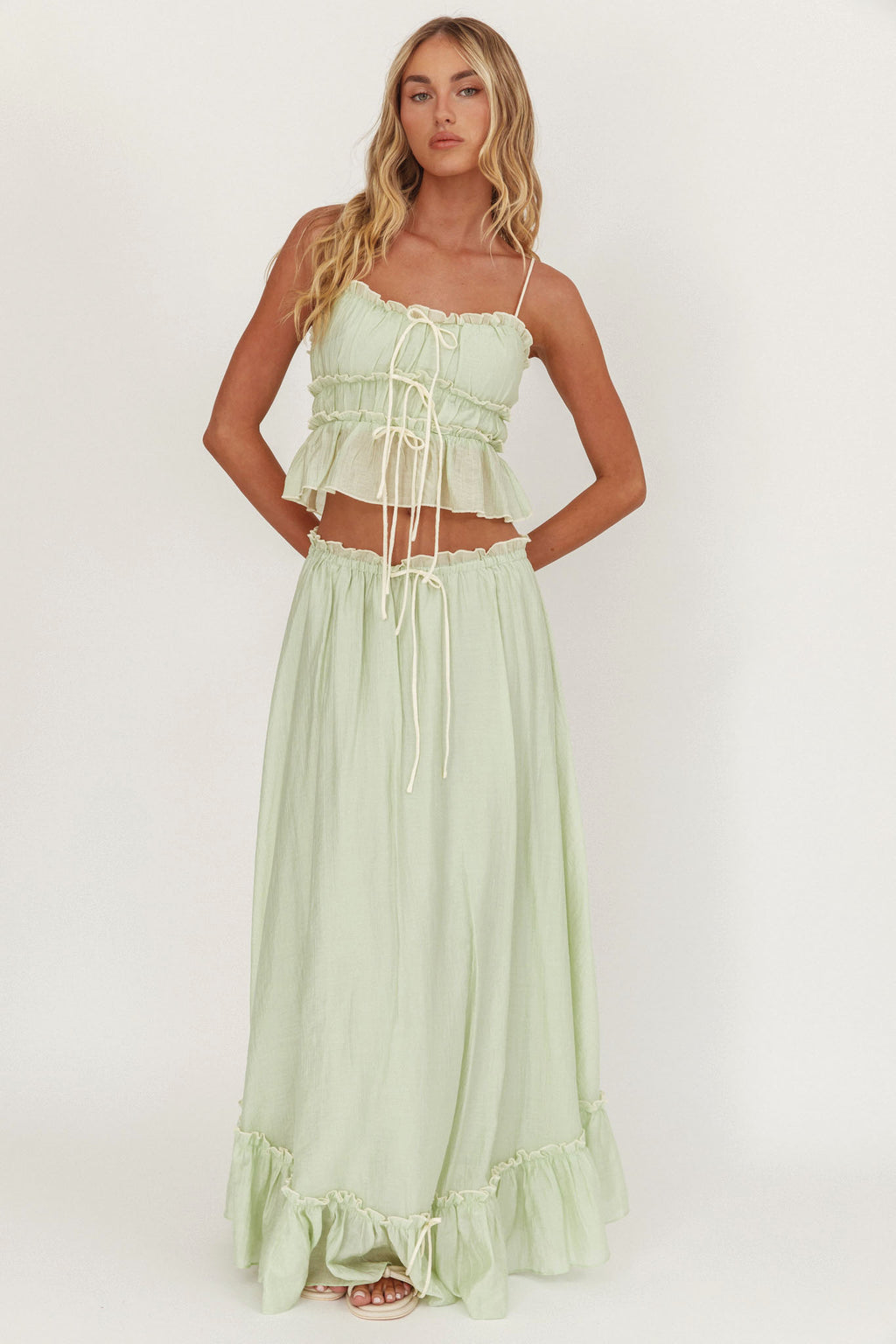Maidens Tie Detail Overlock Maxi Skirt Sage by Selfie Leslie