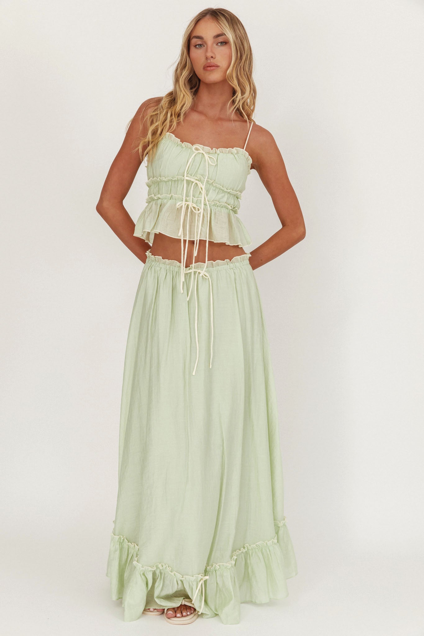 Maidens Tie Detail Overlock Maxi Skirt Sage by Selfie Leslie