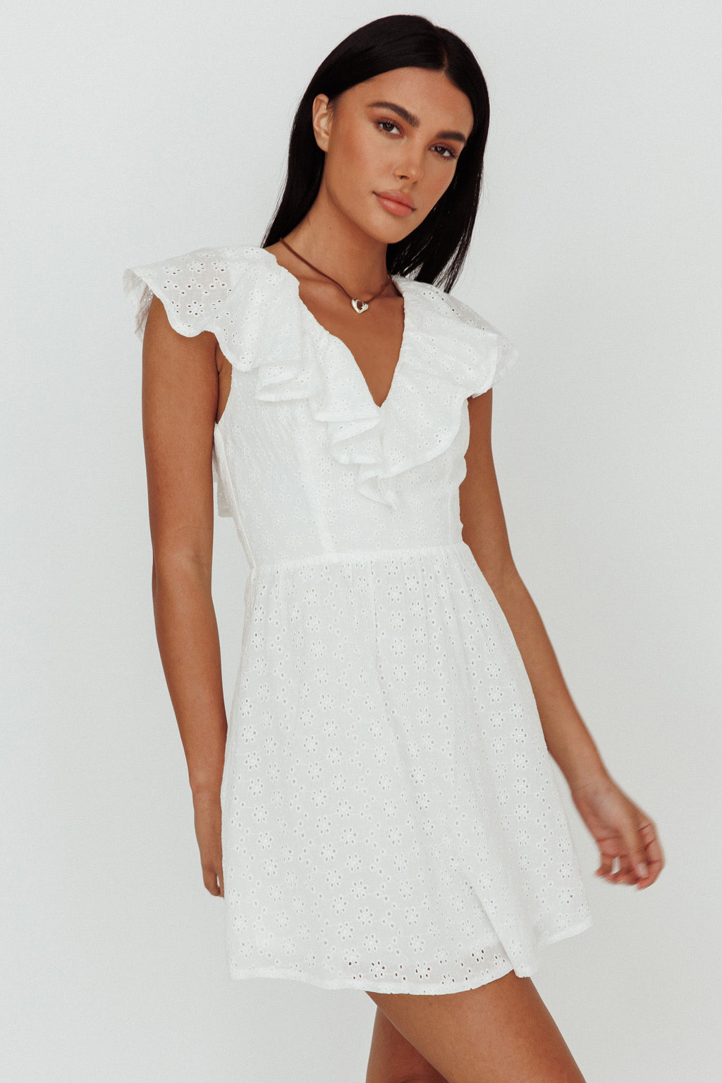 Kiarah Eyelet Ruffle Mini Dress White by Selfie Leslie