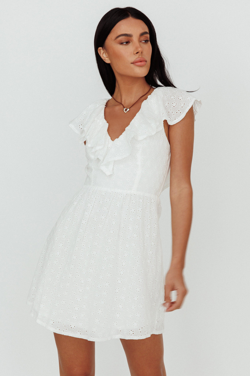 Kiarah Eyelet Ruffle Mini Dress White by Selfie Leslie