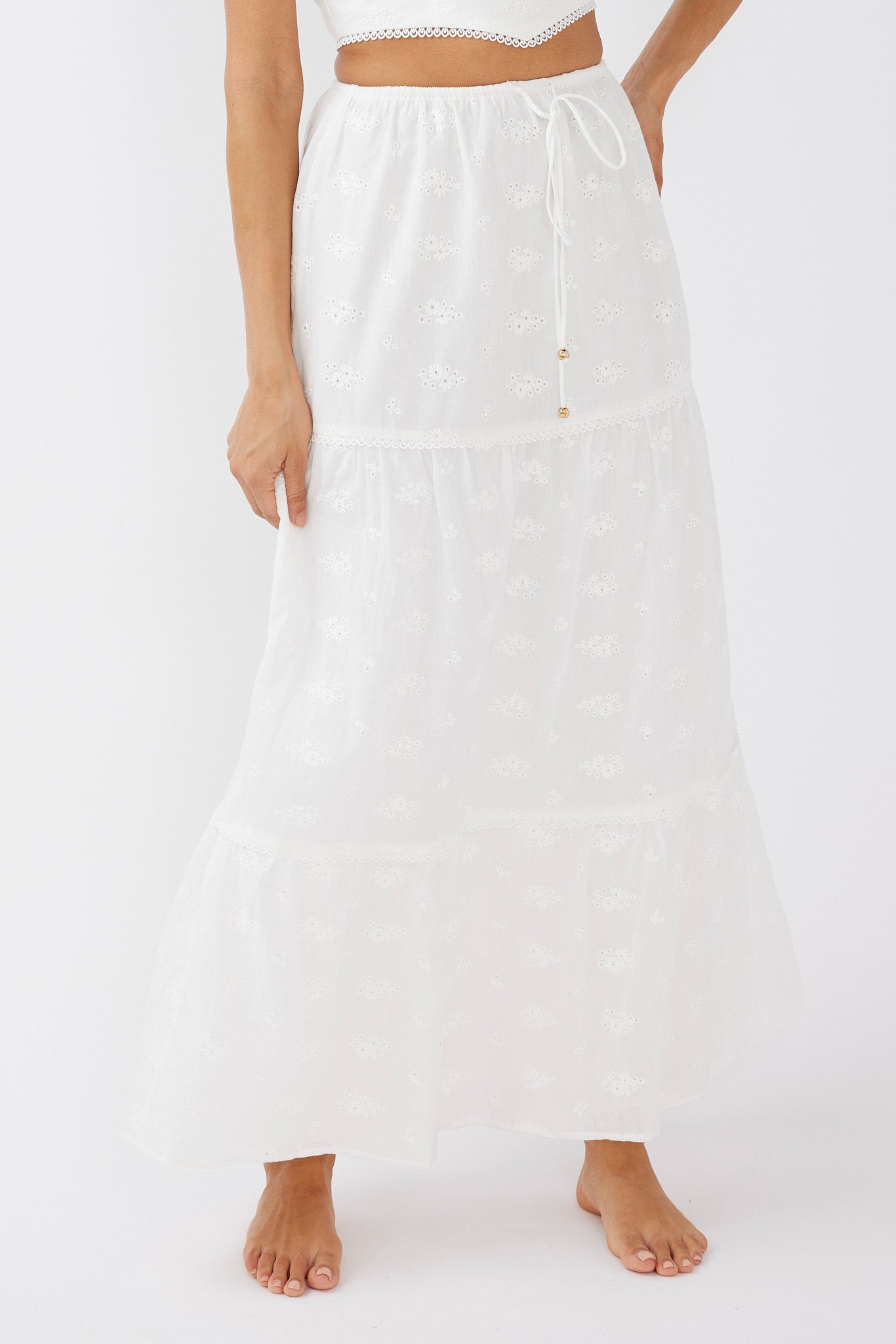 Gracelyn Drawstring Embroidery Maxi Skirt White by Selfie Leslie