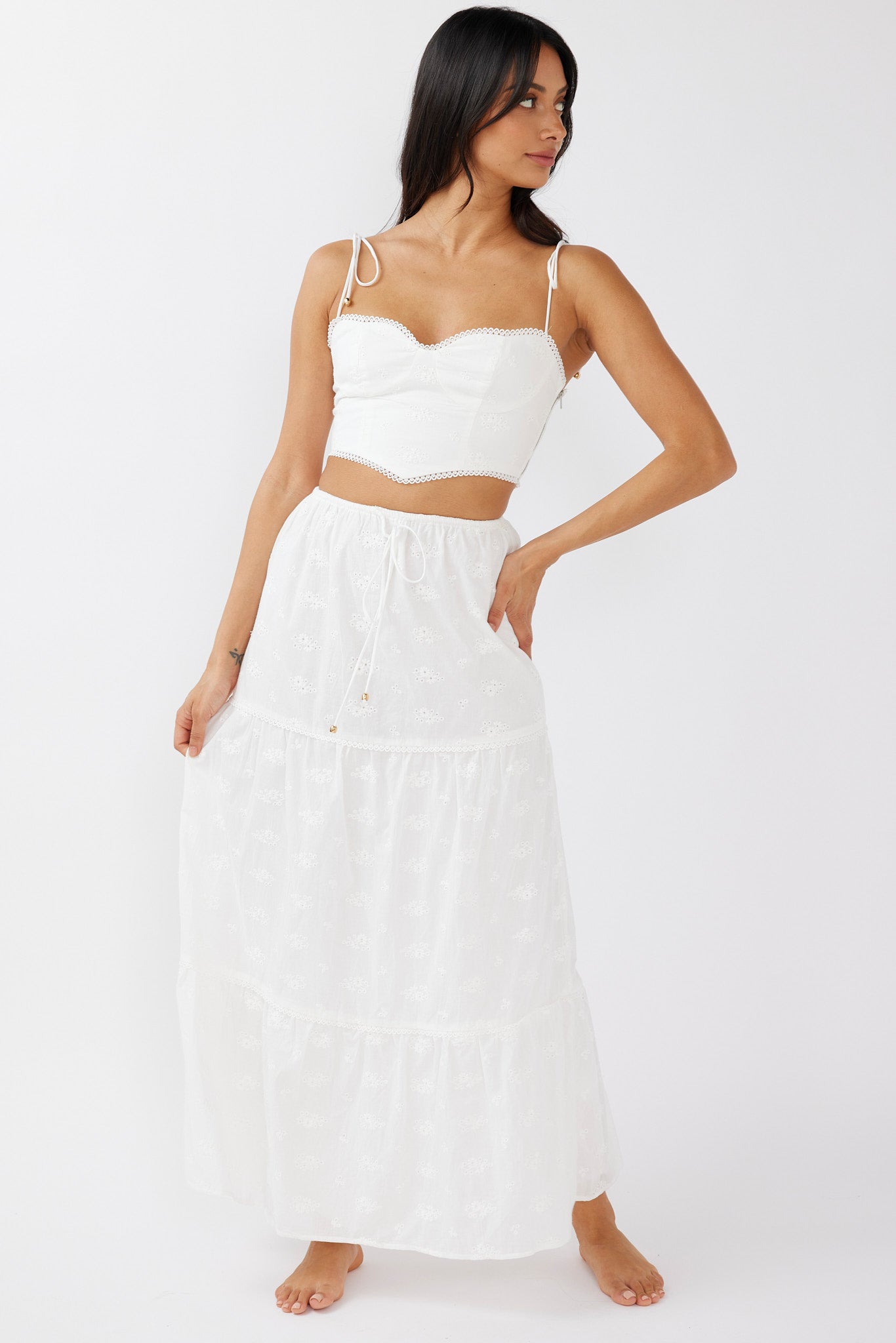 Gracelyn Tied Shoulder Embroidery Crop Top White by Selfie Leslie