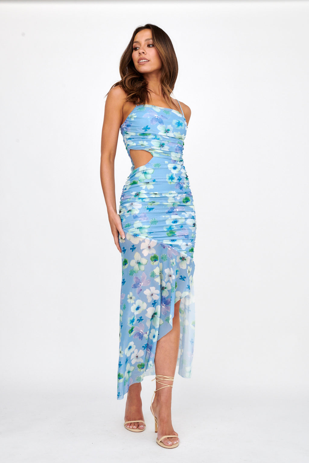 Kindred Soul Ruched Mesh Midi Dress Floral Blue by Selfie Leslie